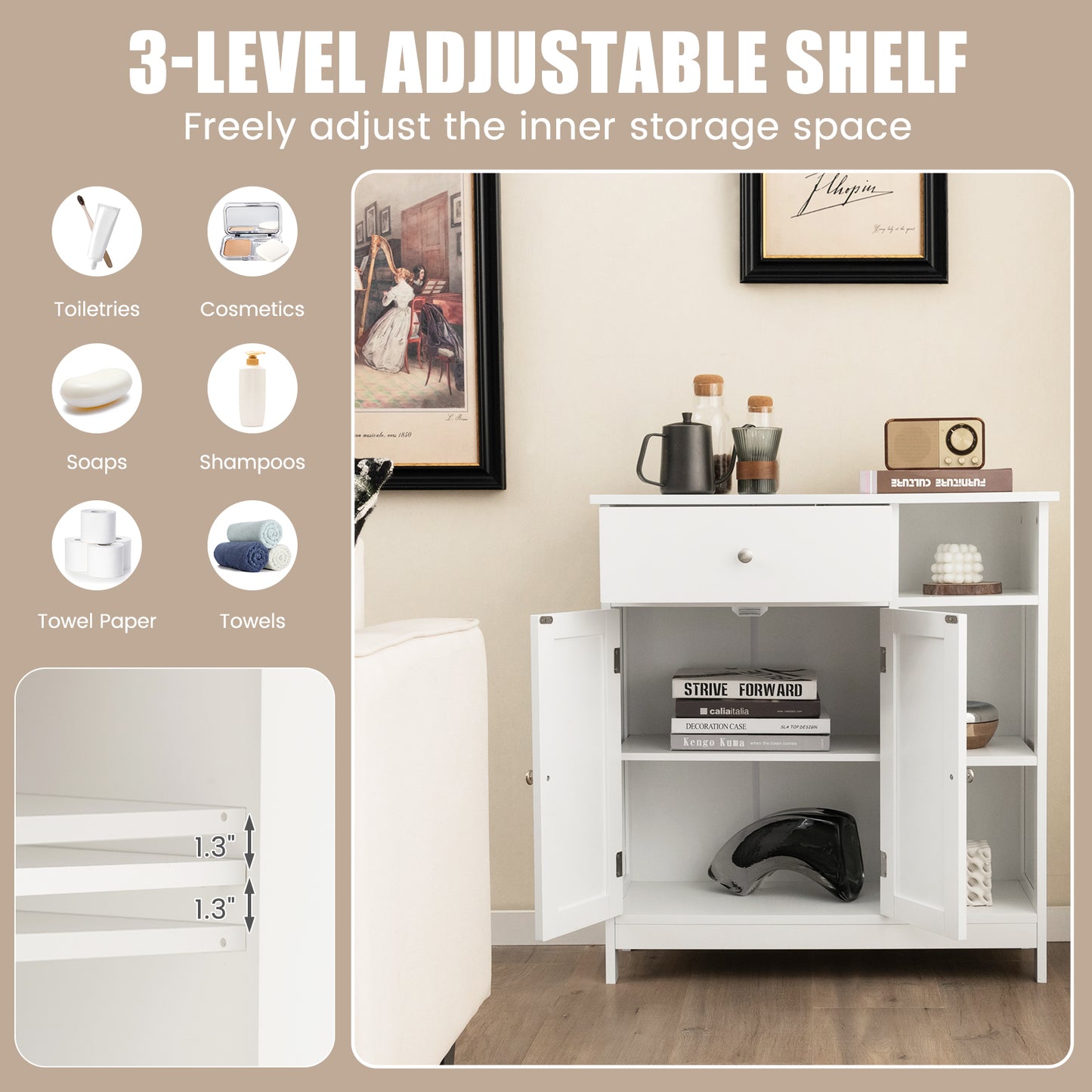 Topbuy Bathroom Storage Cabinet Floor Cabinet w/ 1 Slide-Out Drawer 2 Doors & 3 Open Shelves 1 Adjustable Shelf