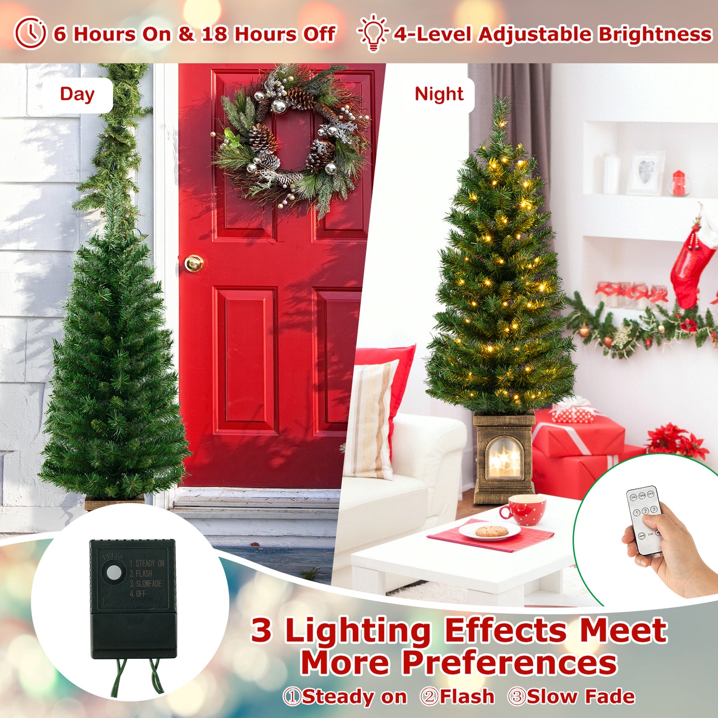 Topbuy 4FT Artificial Potted Christmas Tree Pe-lit Entrance Tree with 100 LED Lights 3 Lighting Modes 4-level Adjustable Brightness