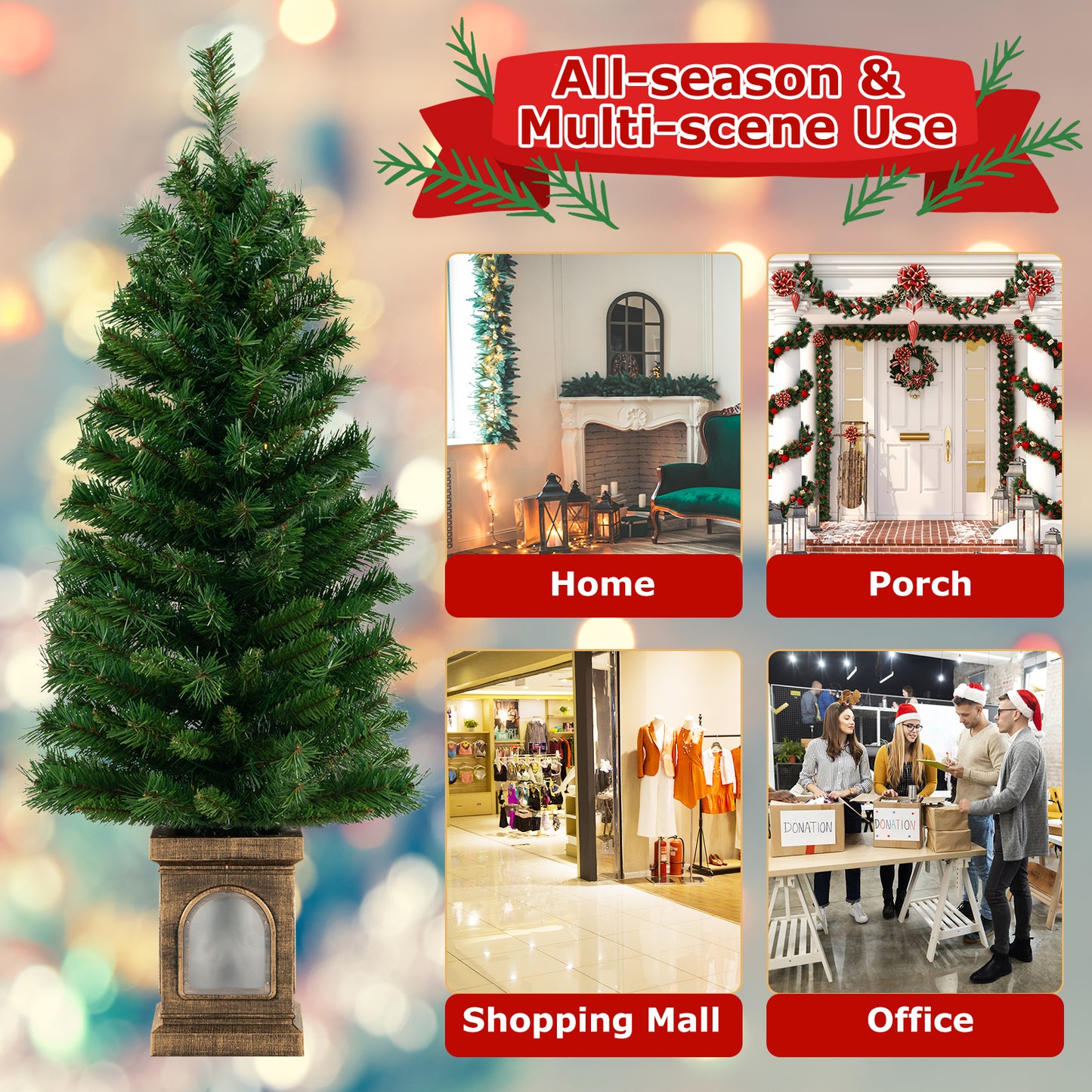 Topbuy 4FT Artificial Potted Christmas Tree Pe-lit Entrance Tree with 100 LED Lights 3 Lighting Modes 4-level Adjustable Brightness