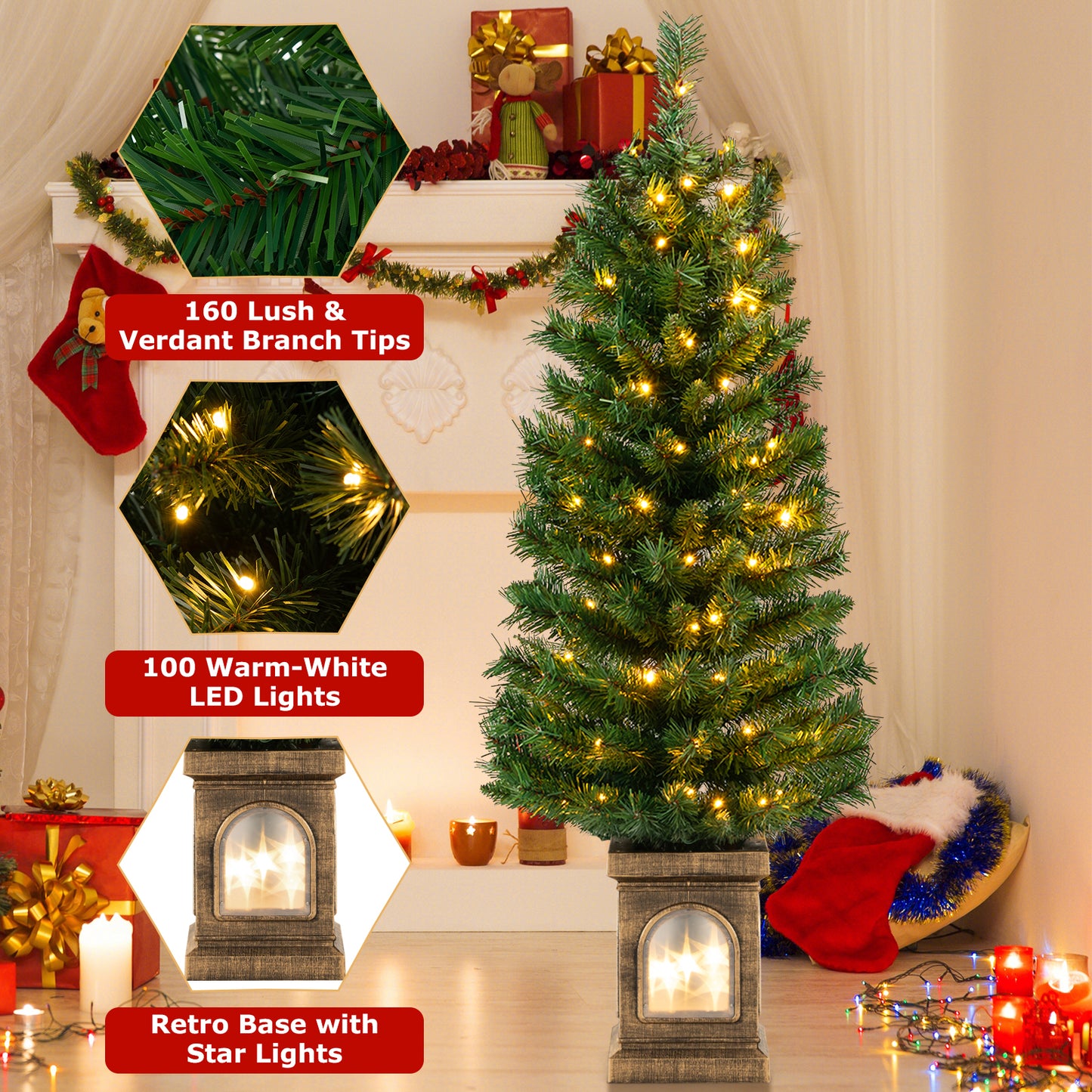 Topbuy 4FT Artificial Potted Christmas Tree Pe-lit Entrance Tree with 100 LED Lights 3 Lighting Modes 4-level Adjustable Brightness