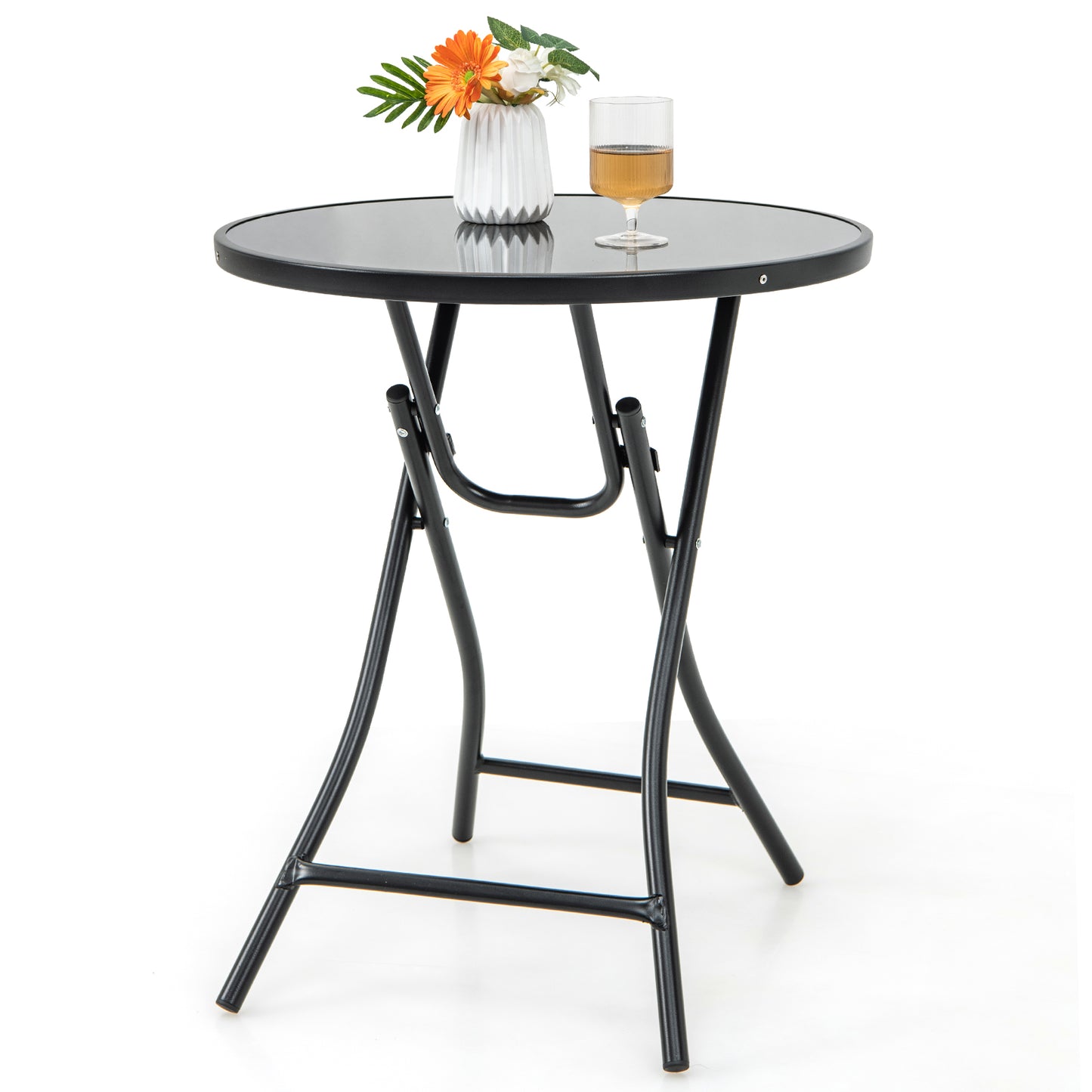 Topbuy 23 Inch Round Bistro Table Patio Folding Cocktail Table w/ Tempered Glass Tabletop Heavy-Duty Metal Frame