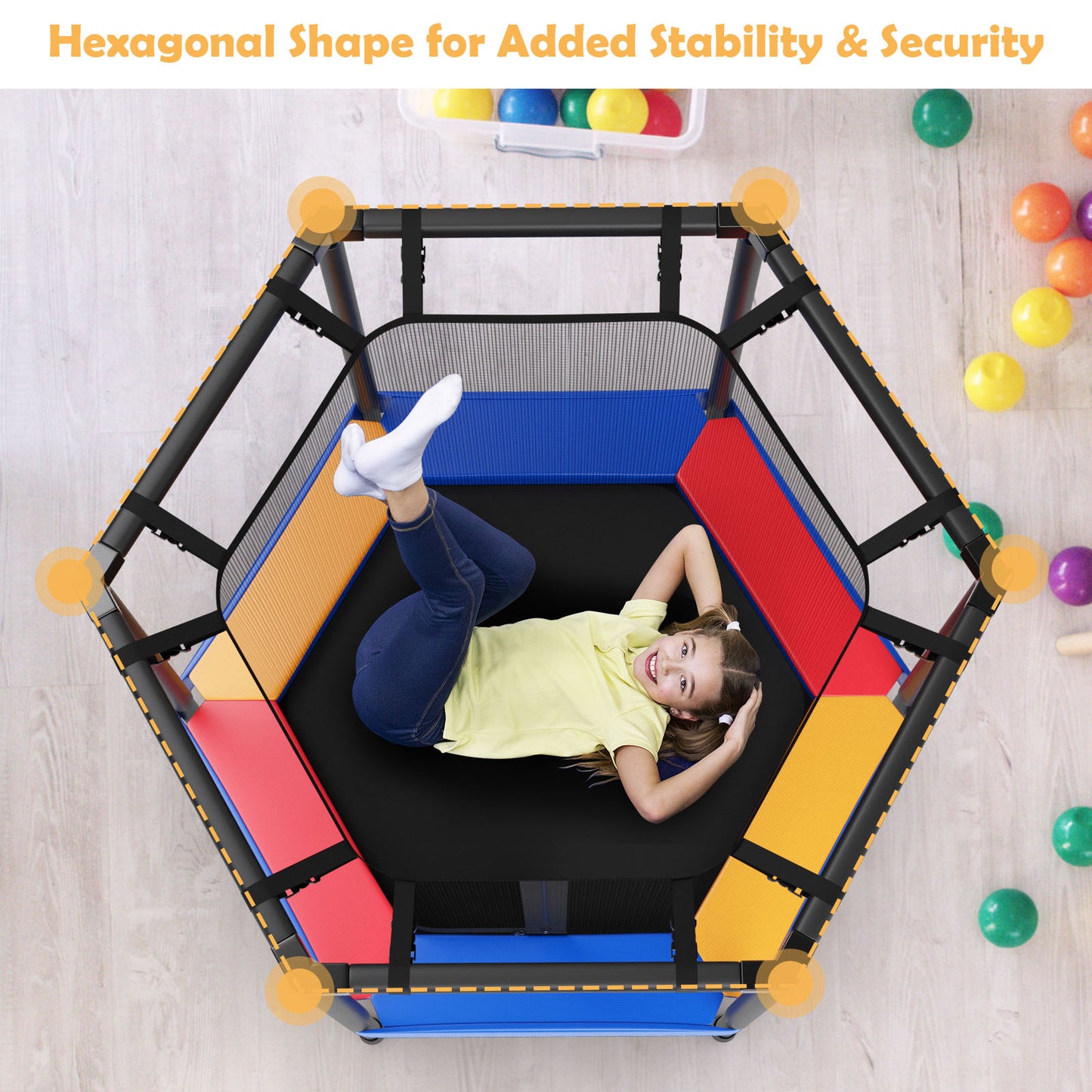 Topbuy 48?¡¥?¡¥ Kids Jumping Exercise ASTM Certified Approved Mini Recreational Hexagonal Shape Toddler Trampolines for Kids Toy Birthday Gift