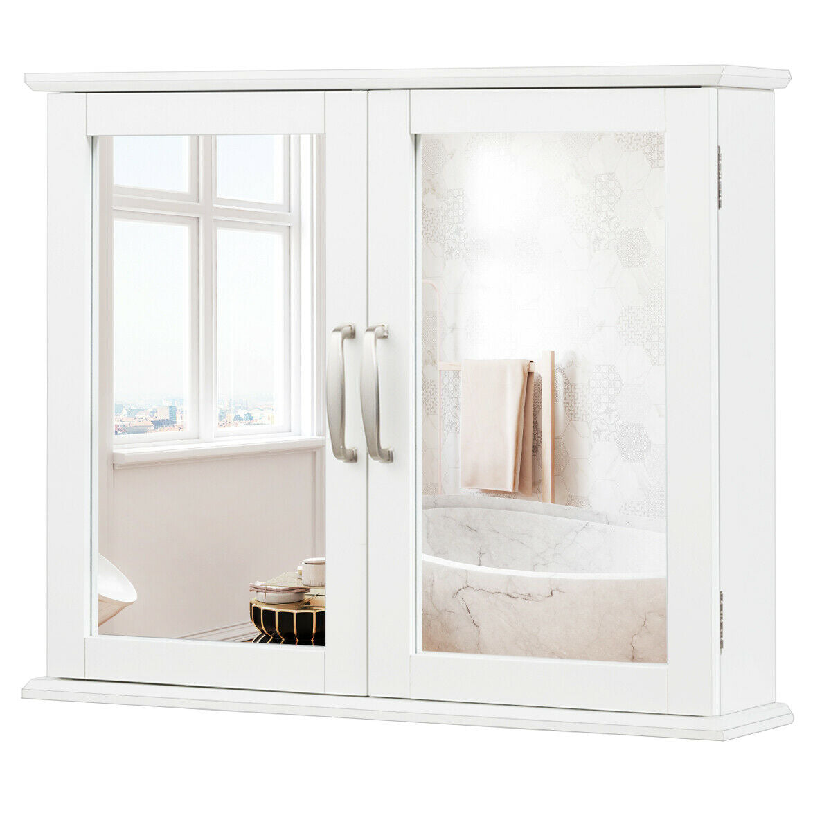 Topbuy Bathroom Mirror Cabinet Two Shelves Storage Cupboard White