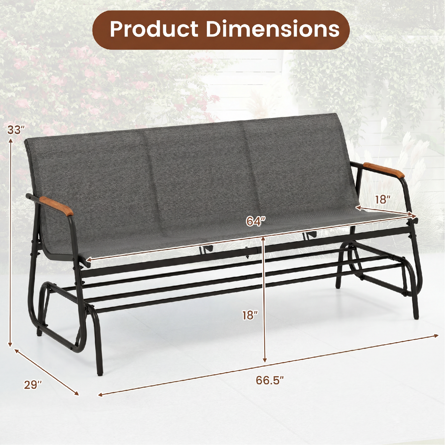 Patiojoy 3-Person Patio Glider Bench Outdoor Gliding Long Seat with Curved Teak Armrests and Breathable Fabric Seat Metal Rocking Chair