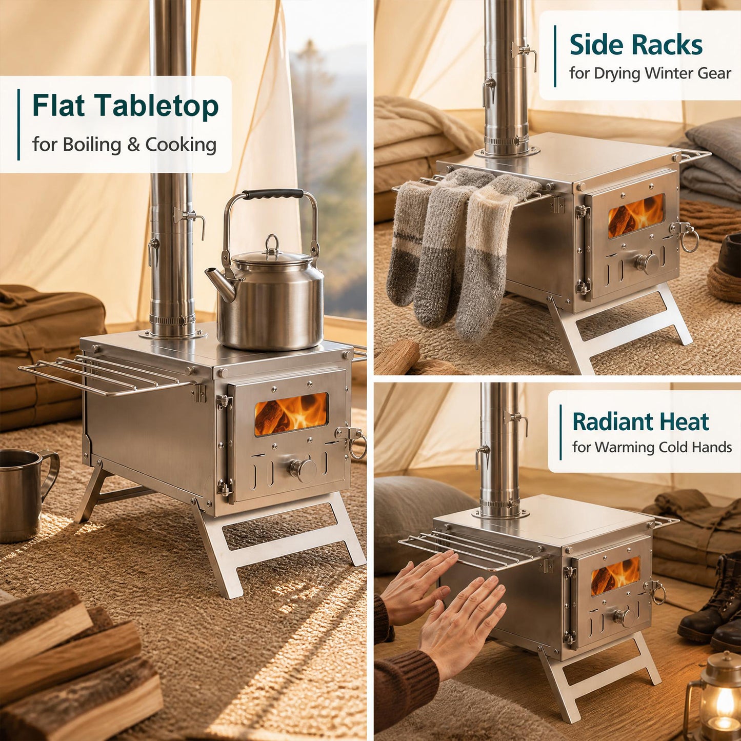 Patiojoy Portable Hot Tent Stove, Wood Burning Stove With 7 Chimney Pipes & Spark Arrestor Stainless Steel