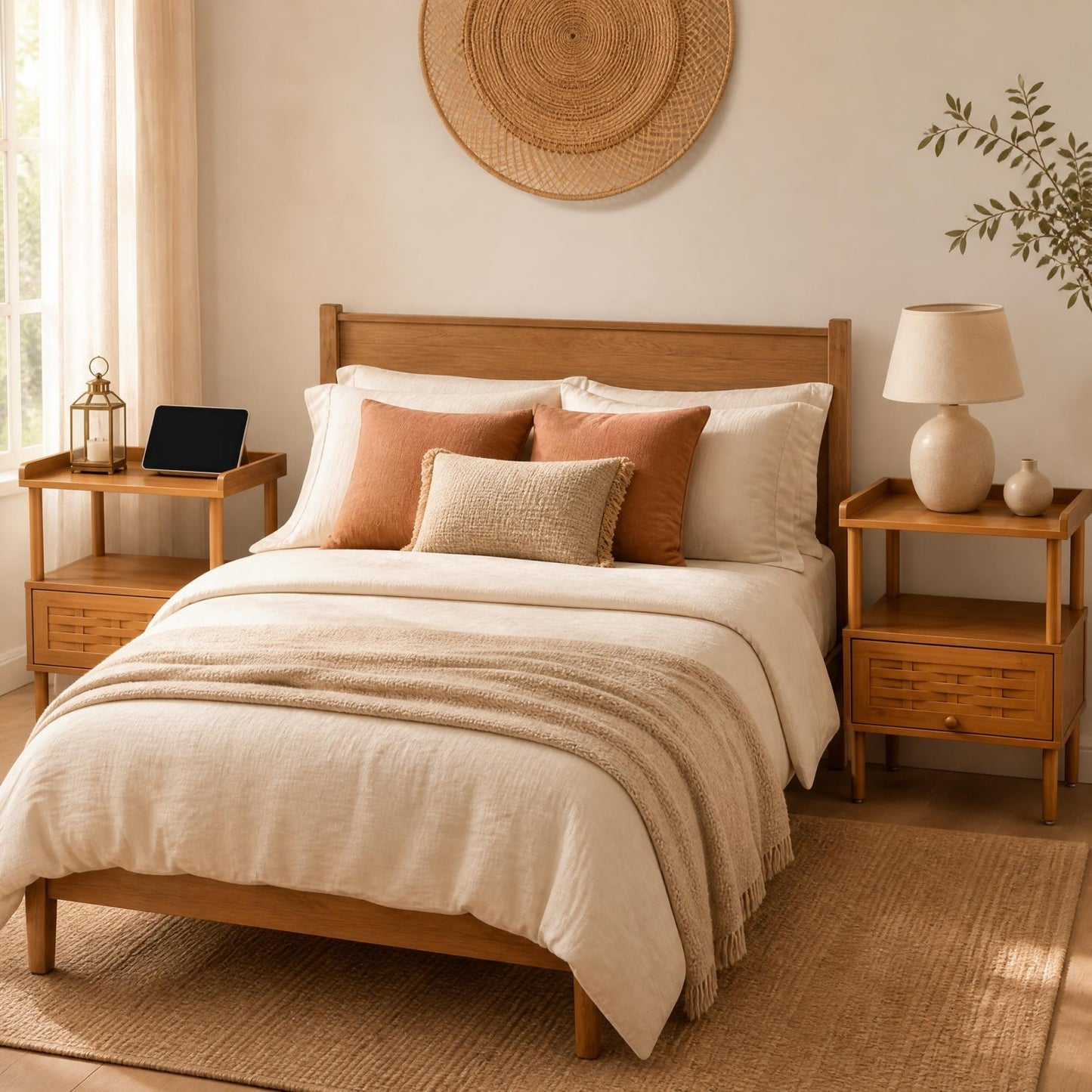 Patiojoy Natural Bamboo Rattan Nightstand Side Table With Open Shelf Raised Edge & Flip-Up Door for Bedroom Living Room