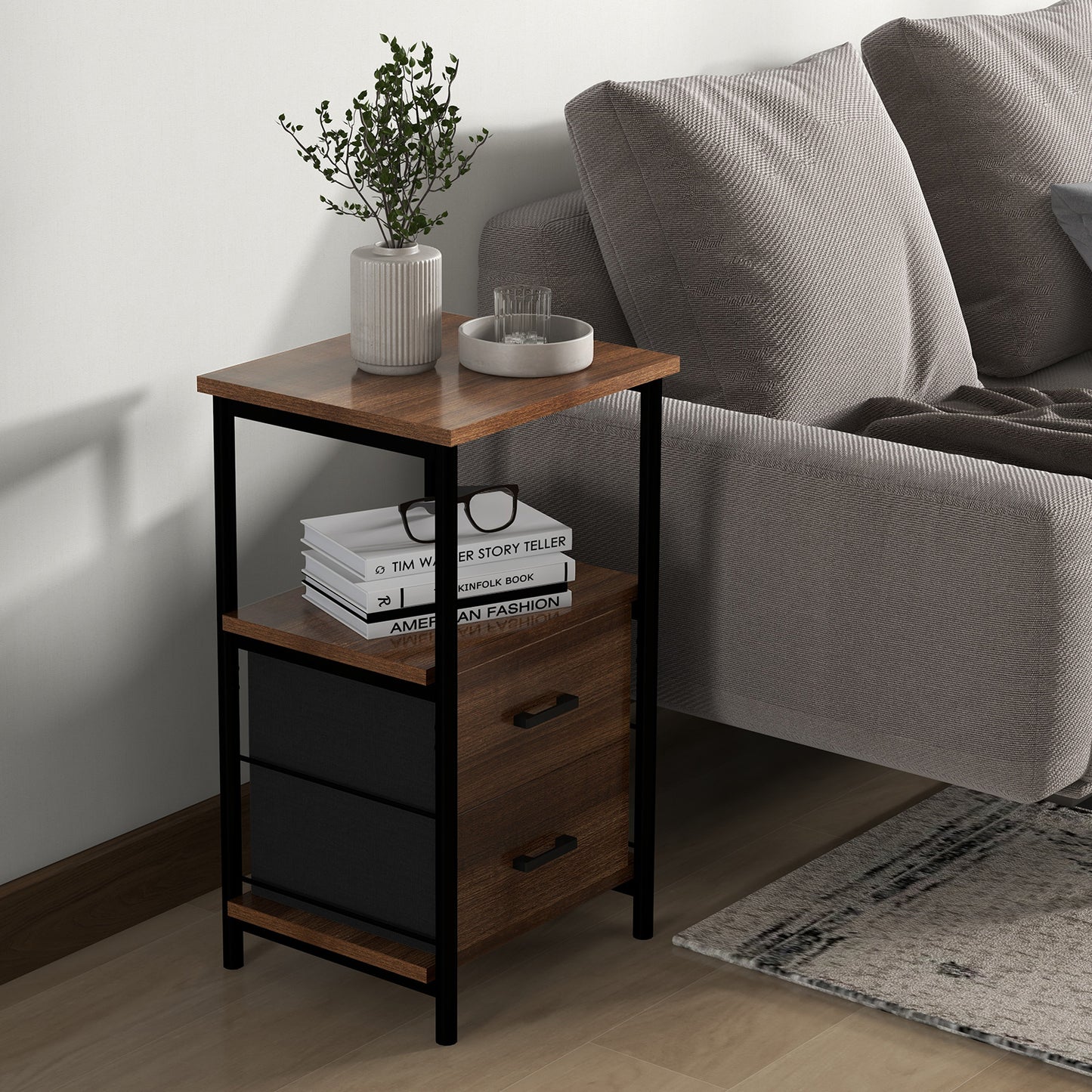 Patiojoy Nightstand with 2 Drawers Retro Bedside Table with Storage Sofa Side End Table with Removable Fabric Drawers