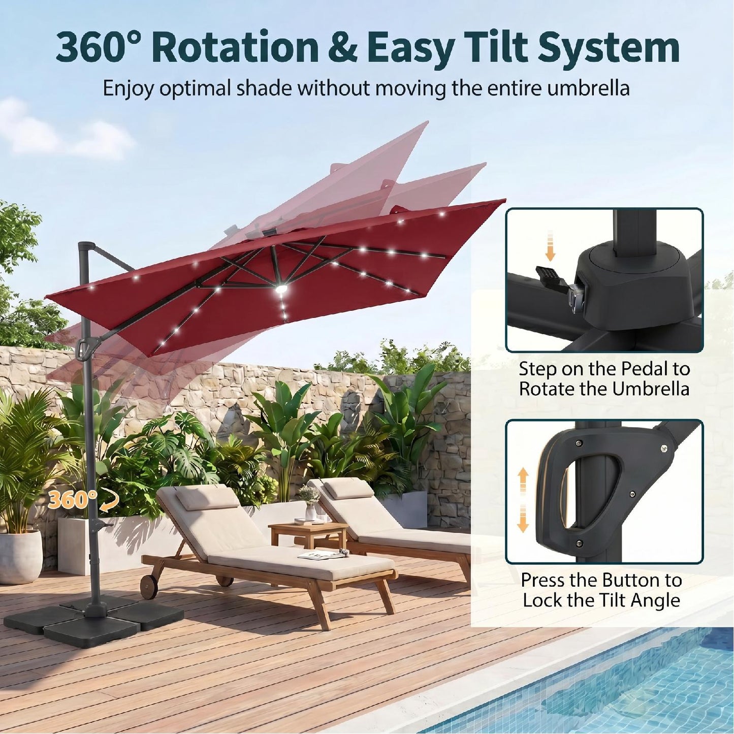 Patiojoy 10 FT Square Cantilever Patio Umbrella with Solar LED Lighting Wine/Navy Blue/Tan/Gray/Beige