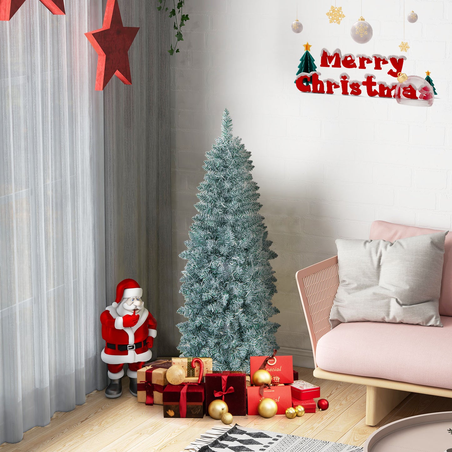 Patiojoy Pre-lit Artificial Christmas Tree Hinged Holiday Decoration Pencil Tree with Multi-color LED Lights