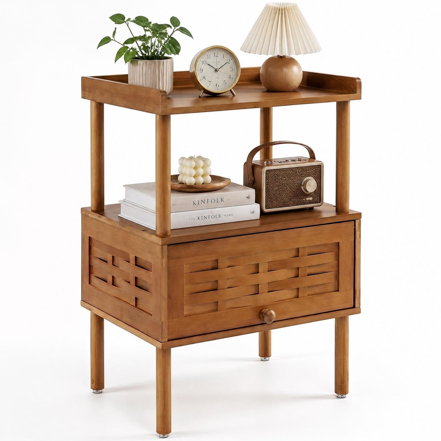 Patiojoy Natural Bamboo Rattan Nightstand Side Table With Open Shelf Raised Edge & Flip-Up Door for Bedroom Living Room