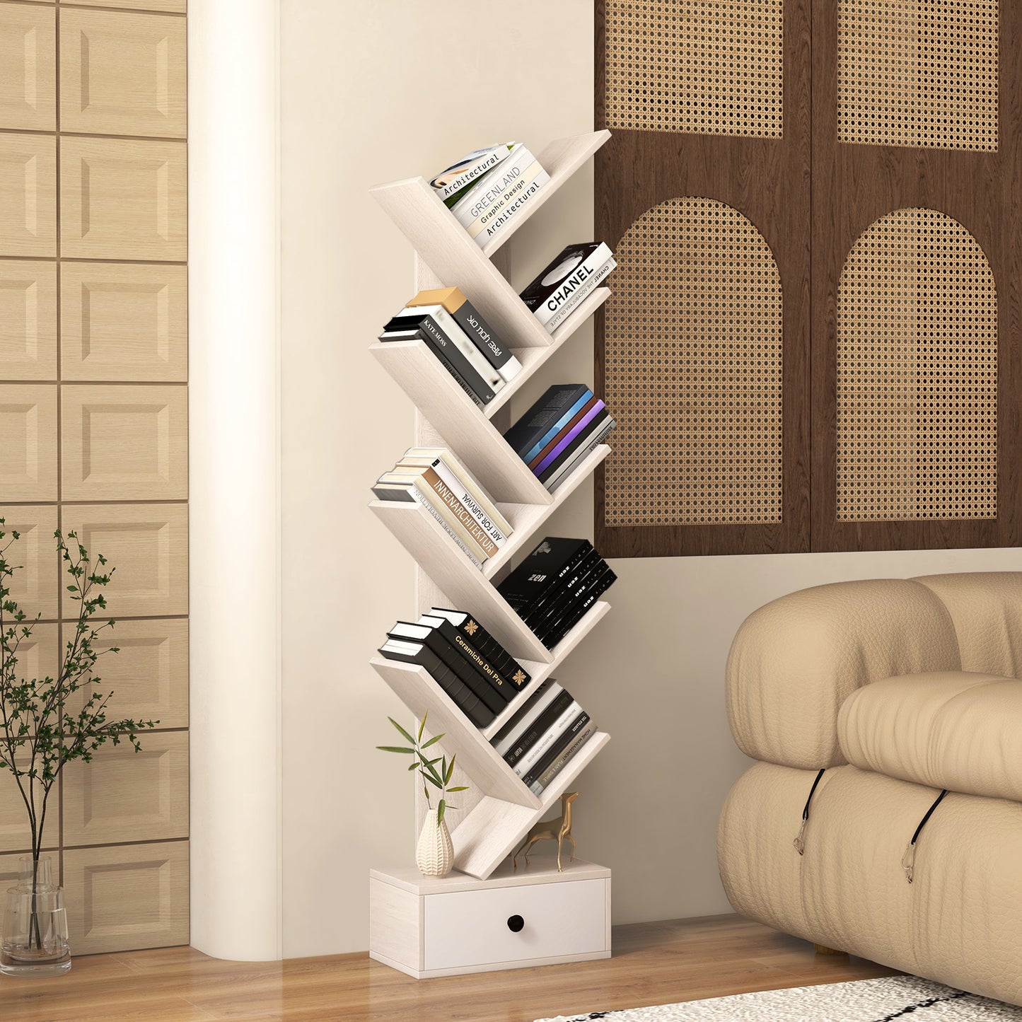 Patiojoy 10-tier Tree-shaped Bookshelf with Drawer Wood Bookshelf with 10 Compartments Home Organizer Display Shelf