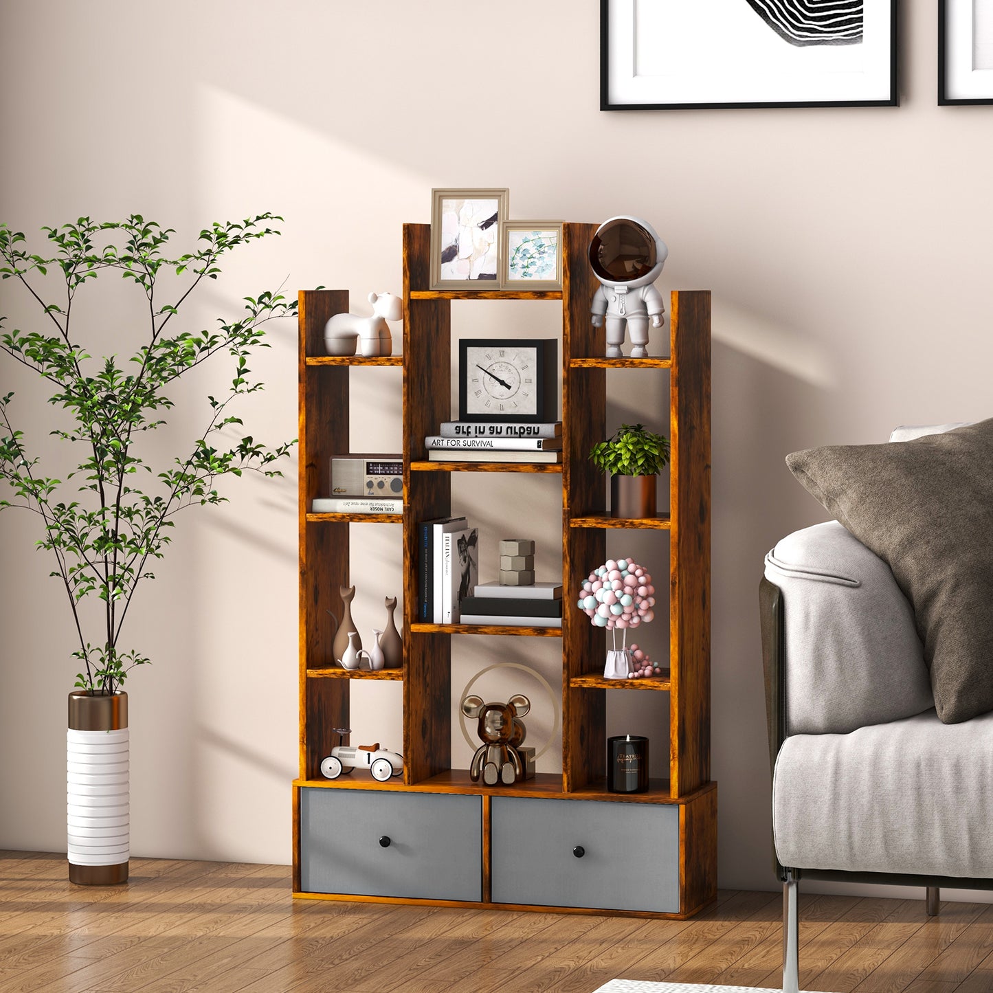Patiojoy Tree Shaped Bookcase with 2 Drawers Free Standing Bookshelf with 12 Open Storage Shelves Tall Display Rack