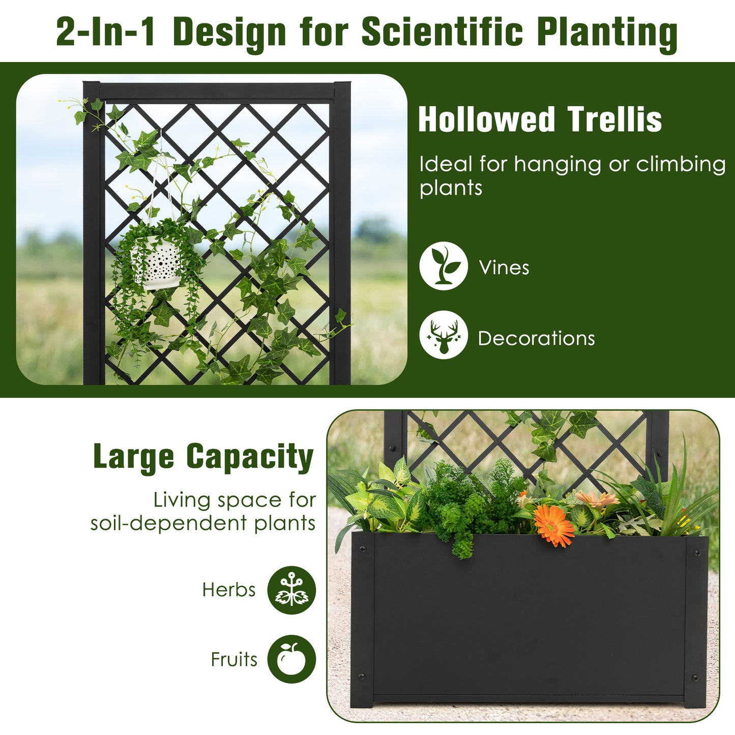 Patiojoy Metal Planter Box with Trellis Raised Garden Bed with Trellis Elevated Lattice Planter for Climbing Plants