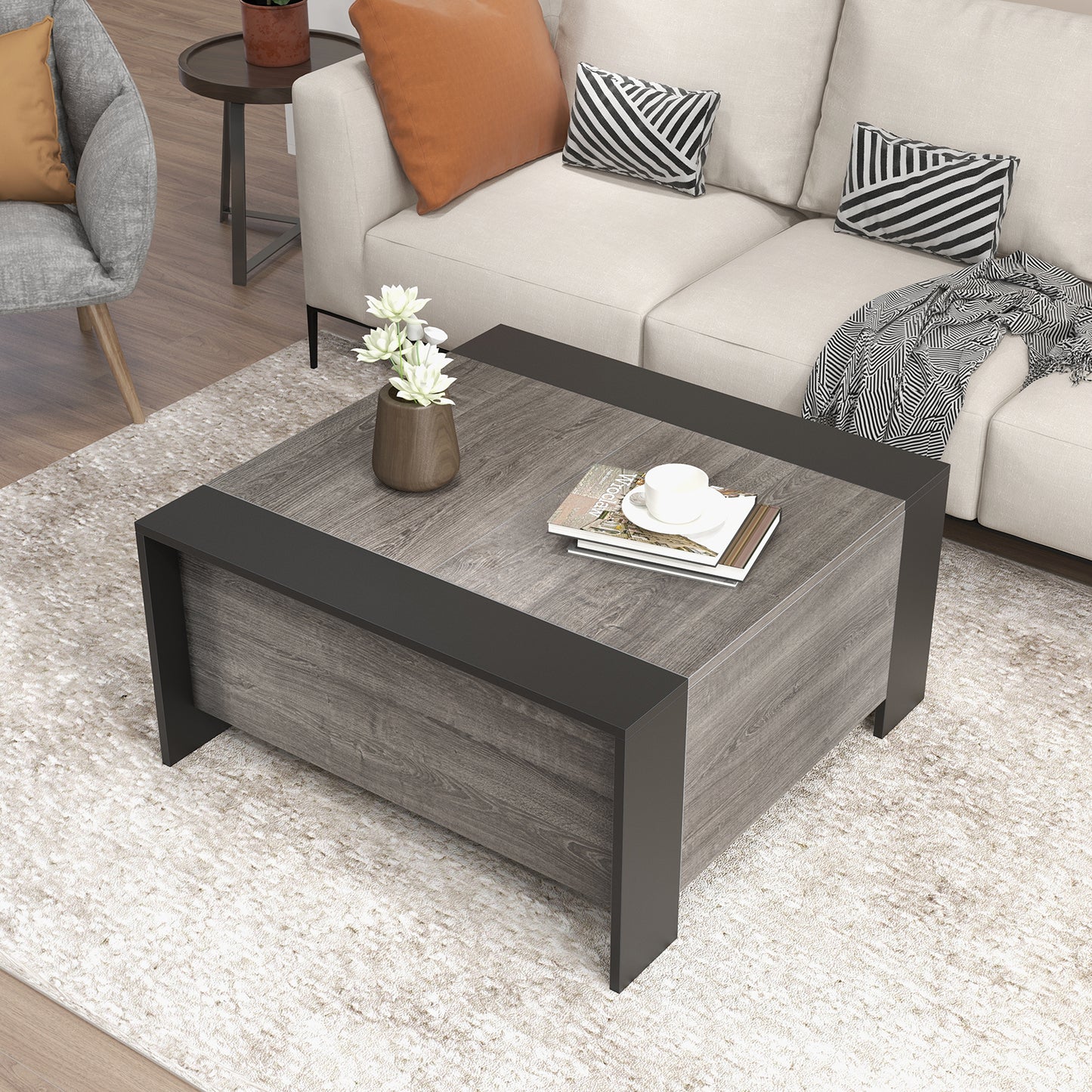 Patiojoy Coffee Table with Sliding Top Square Center Table with Hidden Compartment Extendable Cocktail Tea Table