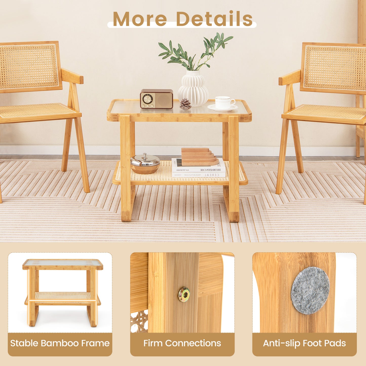 Patiojoy 2-tier Bamboo Side Table with Glass Top End Table with PE Rattan Shelf Home Sofa Side Table with Storage Nightstand Bedside Table
