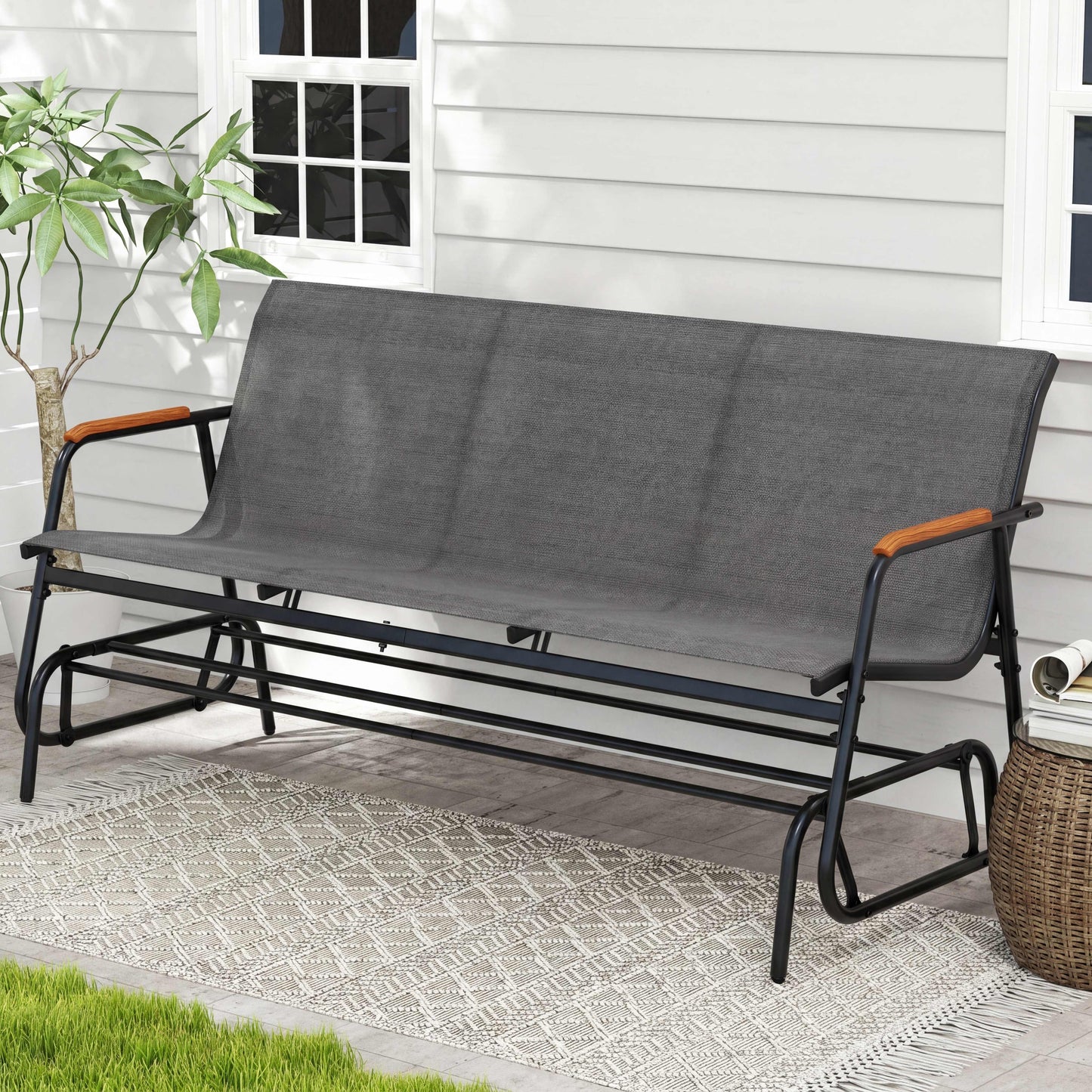 Patiojoy 3-Person Patio Glider Bench Outdoor Gliding Long Seat with Curved Teak Armrests and Breathable Fabric Seat Metal Rocking Chair