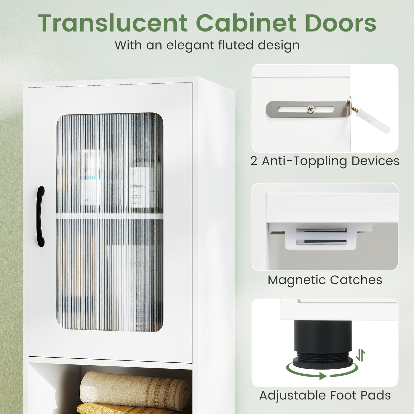 Patiojoy Tall Bathroom Storage Cabinet 67"H Freestanding Storage Organizer with 2 Fluted Doors and Adjustable Shelf