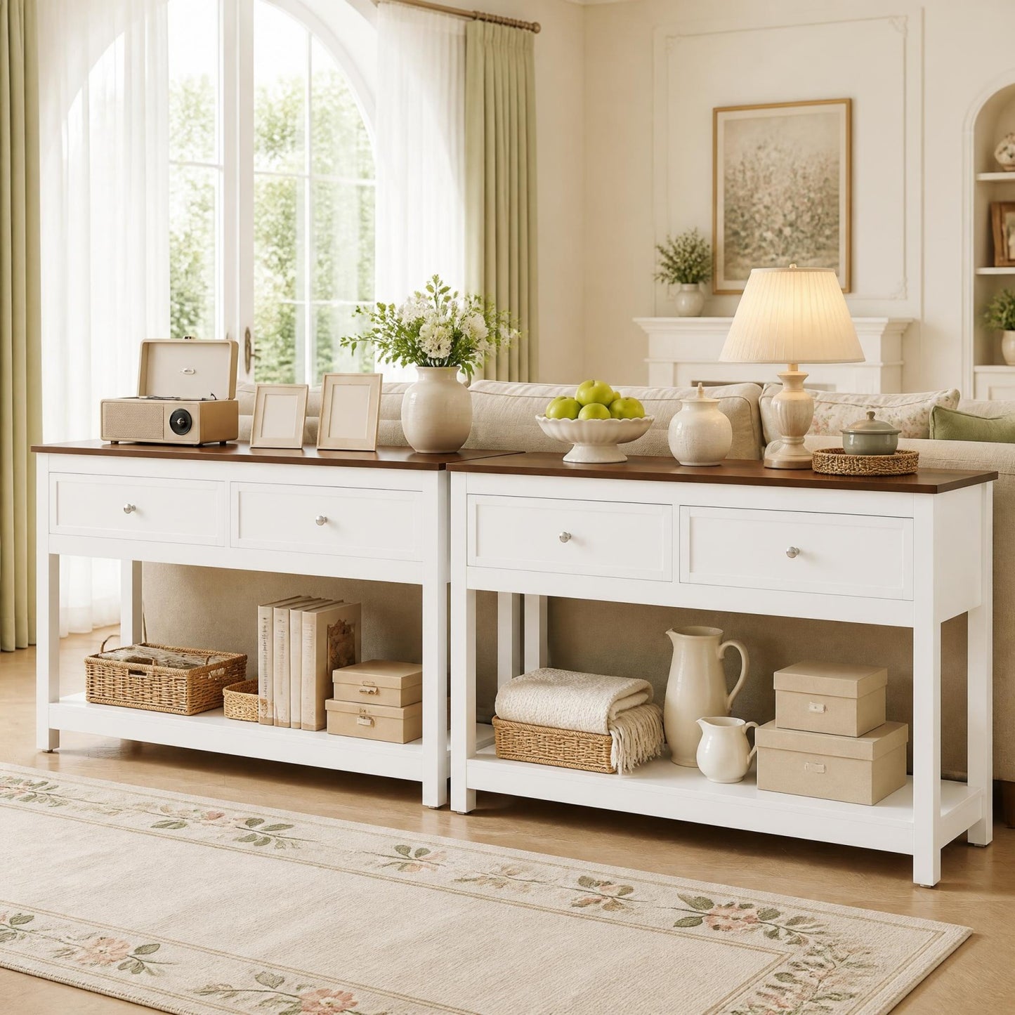 Patiojoy Farmhouse Entryway Console Table Narrow Wood Sofa Table with 2 Drawers and Storage Shelf Heavy-Duty Behind the Couch Table for Living Room Hallway