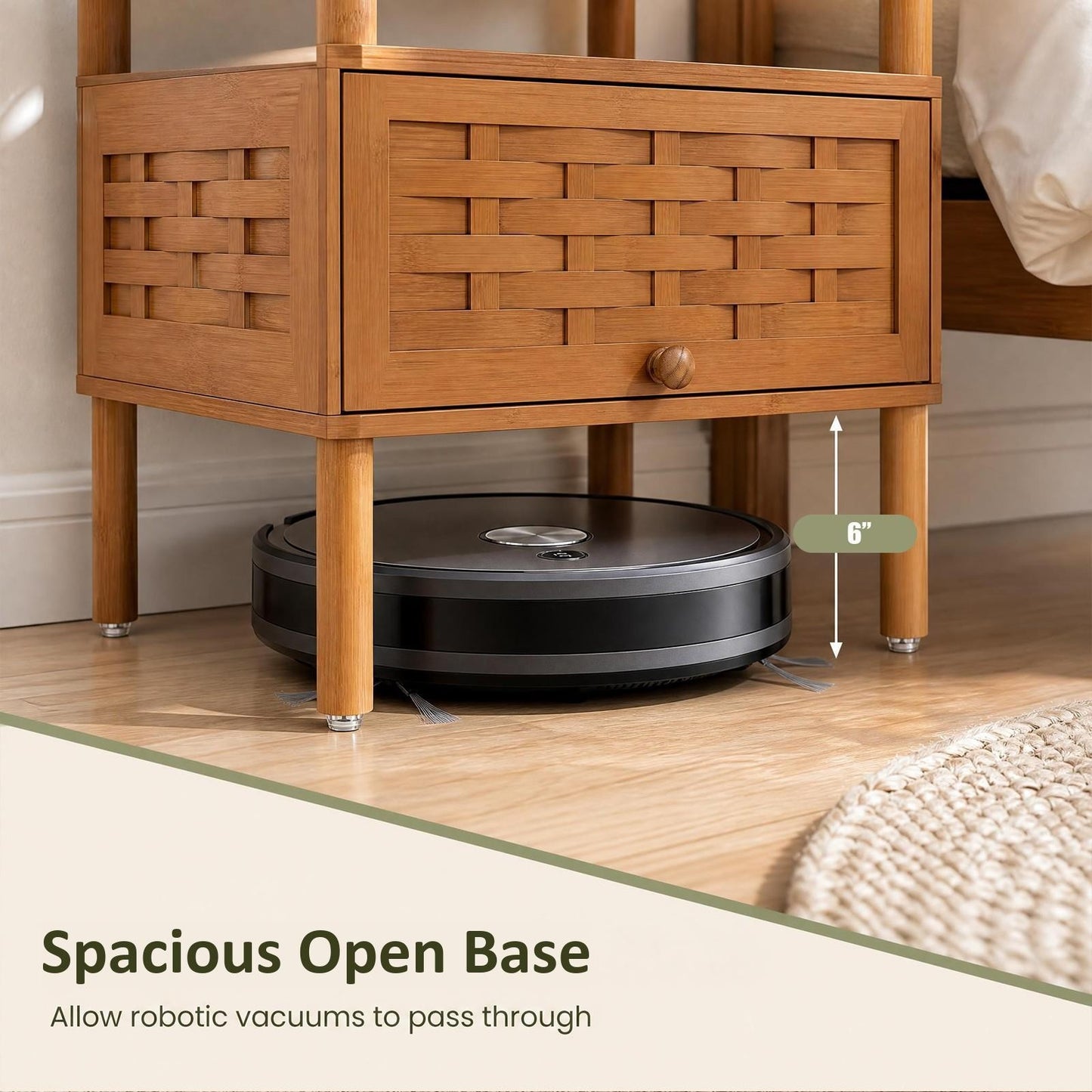 Patiojoy Natural Bamboo Rattan Nightstand Side Table With Open Shelf Raised Edge & Flip-Up Door for Bedroom Living Room
