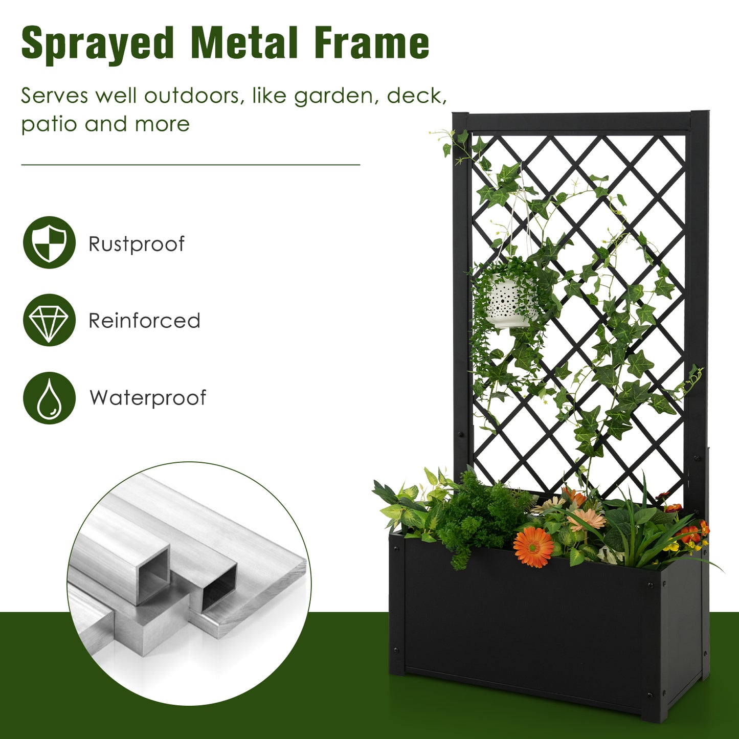 Patiojoy Metal Planter Box with Trellis Raised Garden Bed with Trellis Elevated Lattice Planter for Climbing Plants