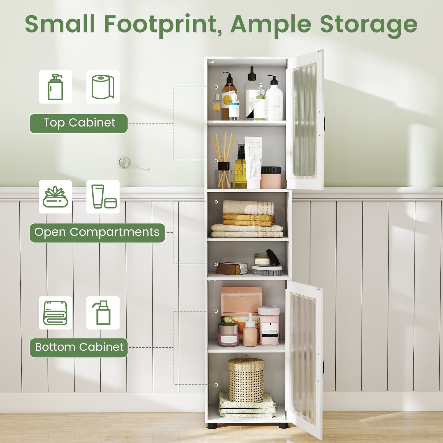 Patiojoy Tall Bathroom Storage Cabinet 67"H Freestanding Storage Organizer with 2 Fluted Doors and Adjustable Shelf