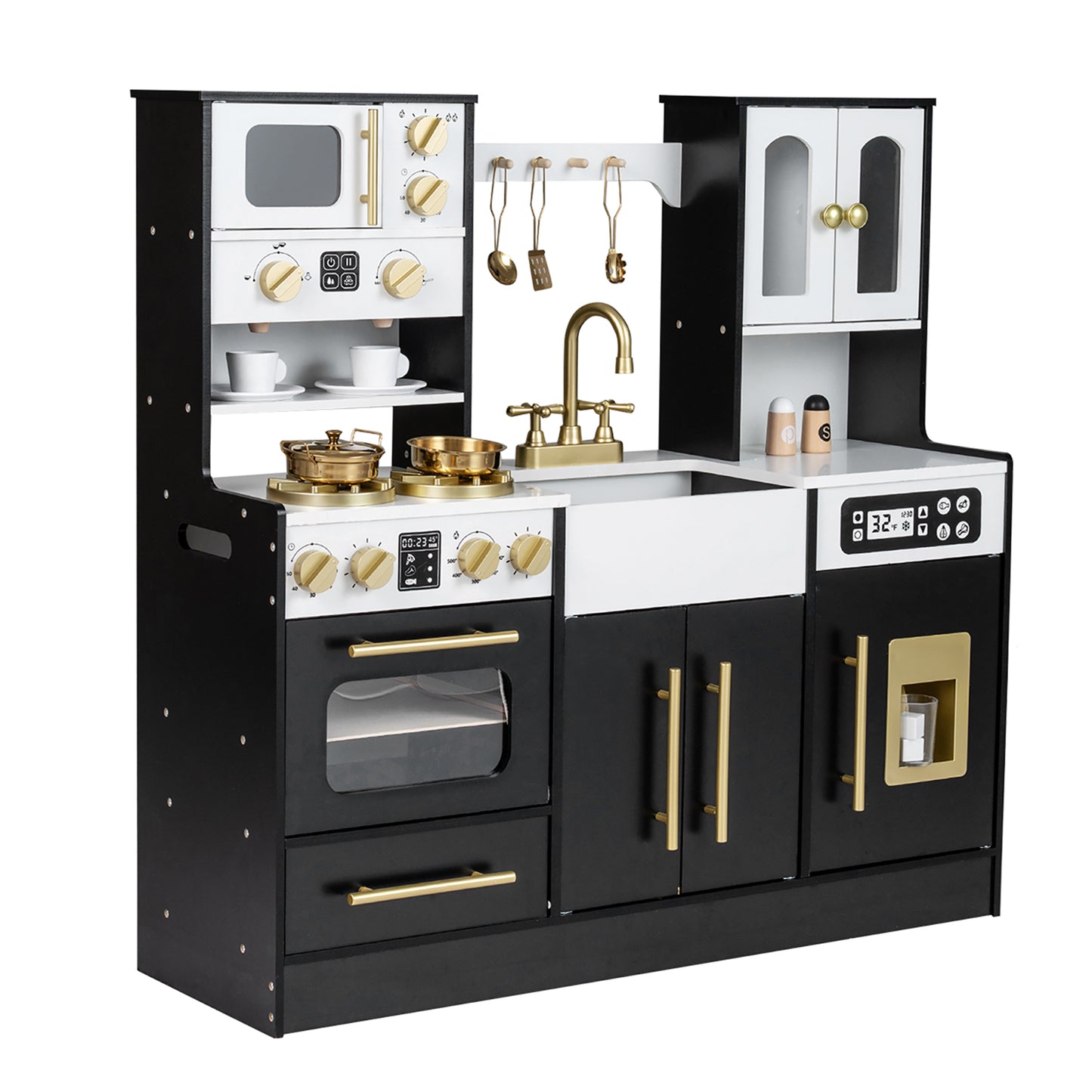 Patiojoy Kids Play Kitchen Set Wooden Cooking Toy with Lights & Sounds Stove Sink Faucet Oven White/Black