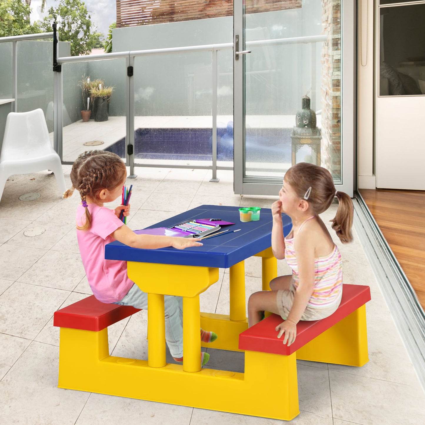 Patiojoy Kids Picnic Table Set Indoor Outdoor Toddler Table with Bench and Removable Umbrella Portable Children Play Set