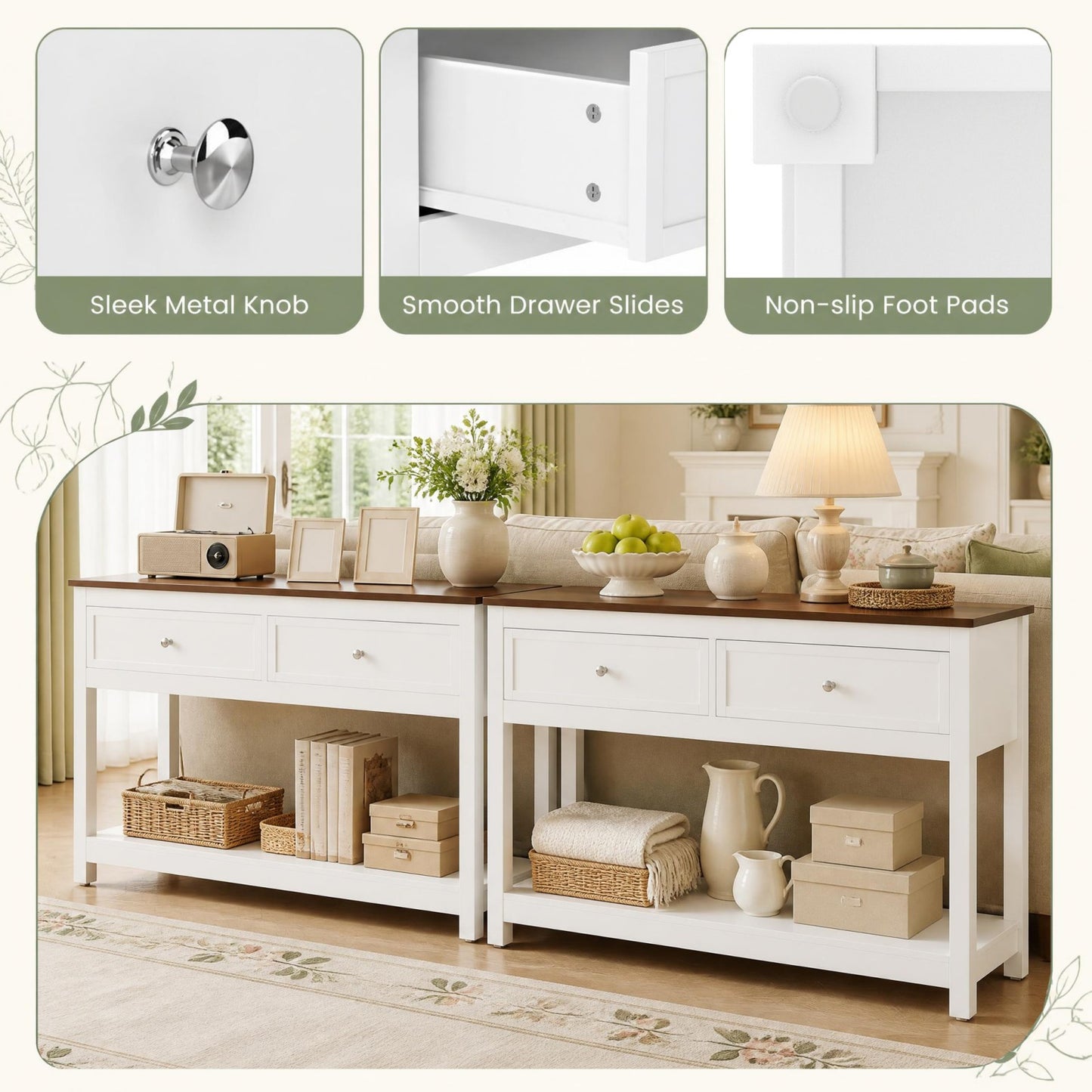 Patiojoy Farmhouse Entryway Console Table Narrow Wood Sofa Table with 2 Drawers and Storage Shelf Heavy-Duty Behind the Couch Table for Living Room Hallway