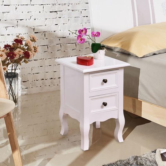 Patiojoy Set of 2 Curved Legs Accent Side End Table Nightstand with 2 Drawers White