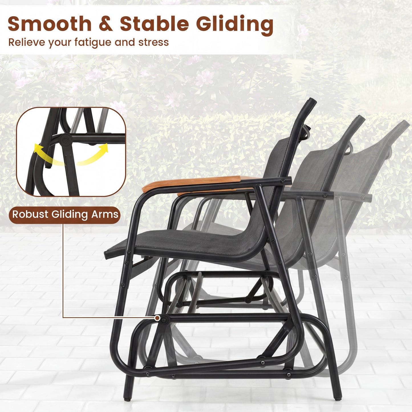 Patiojoy 3-Person Patio Glider Bench Outdoor Gliding Long Seat with Curved Teak Armrests and Breathable Fabric Seat Metal Rocking Chair