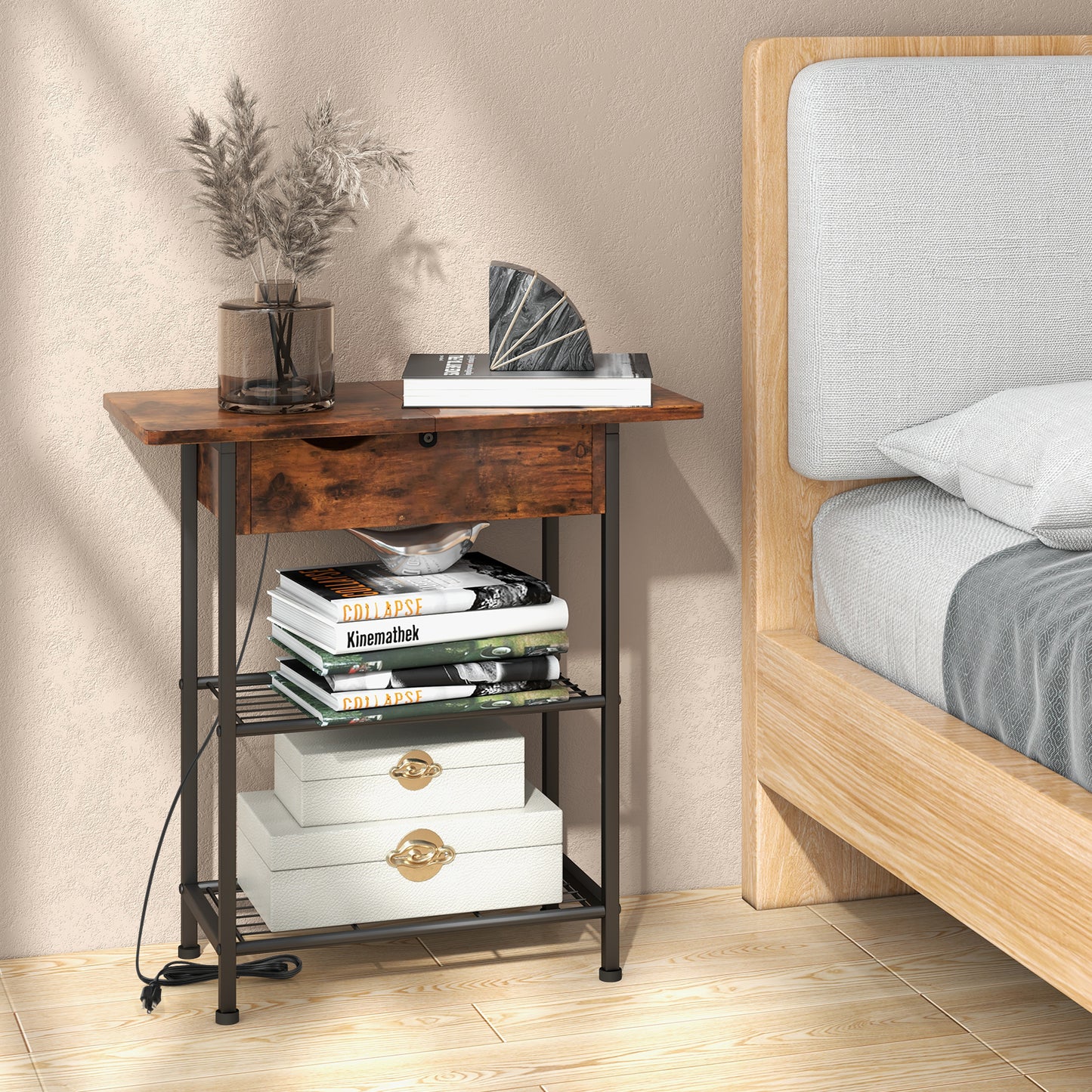 Patiojoy End Table with Charging Station Flip Top Side Table with USB Ports and Outlets Narrow Sofa Side Table with Storage Shelves