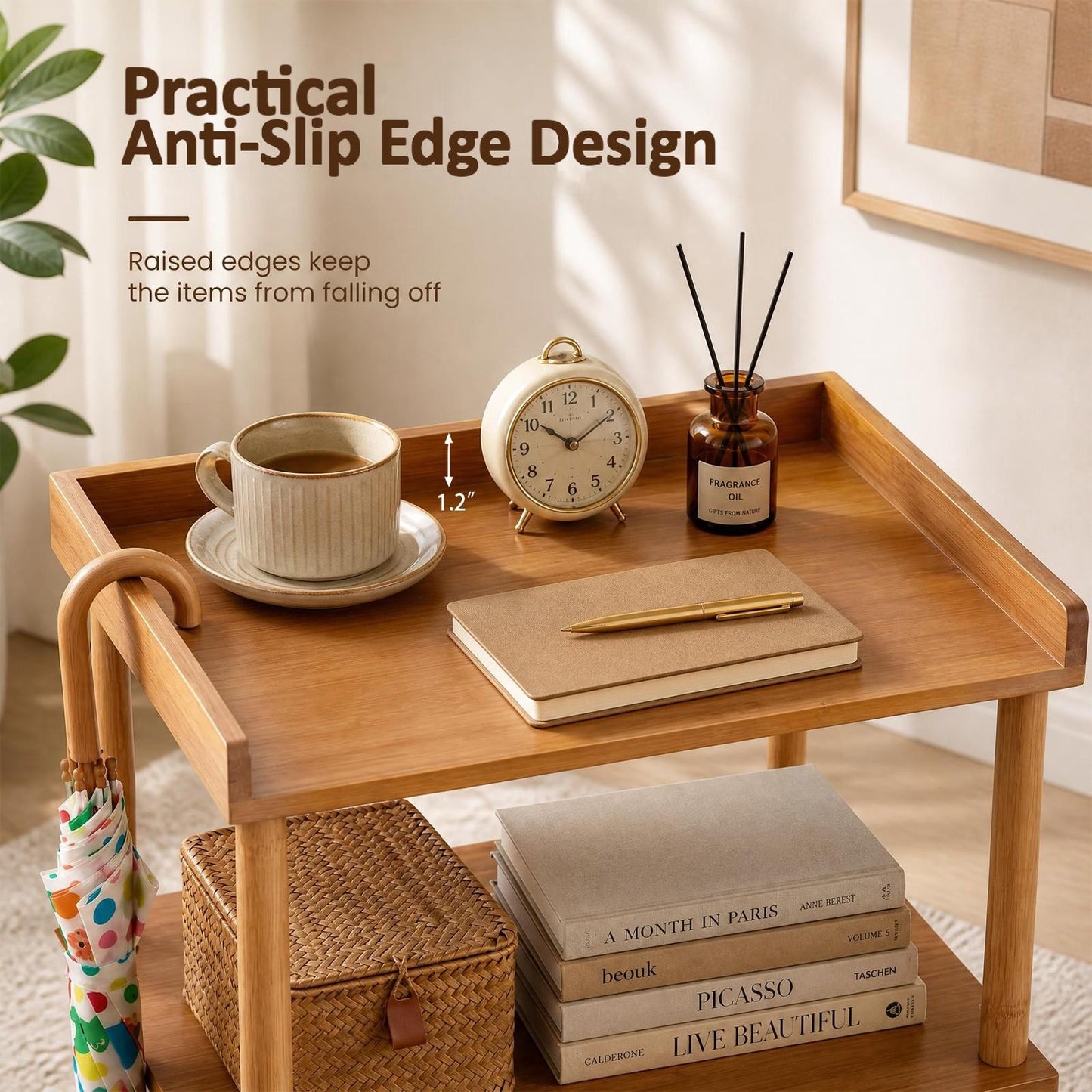 Patiojoy Natural Bamboo Rattan Nightstand Side Table With Open Shelf Raised Edge & Flip-Up Door for Bedroom Living Room