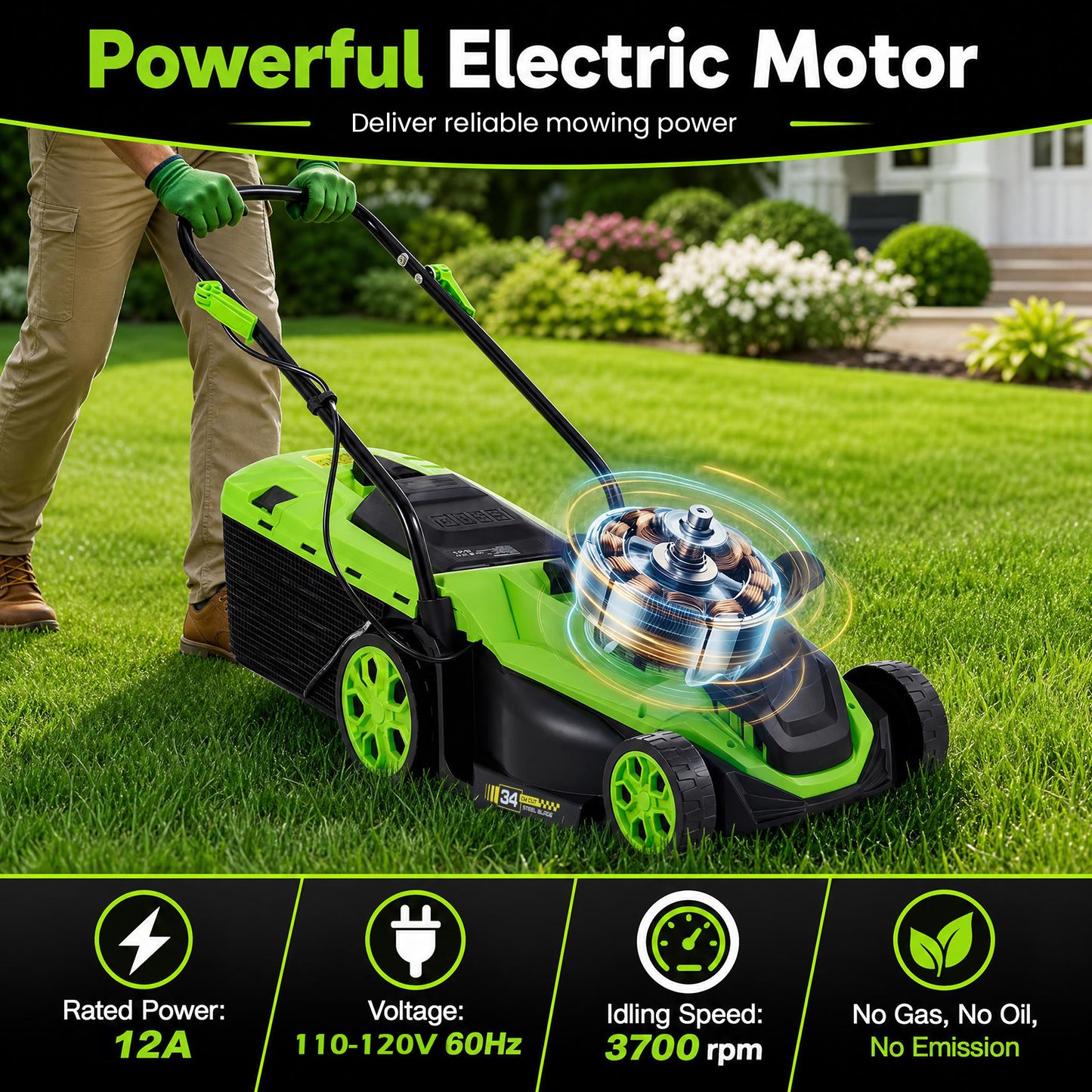 Patiojoy 12-Amp Corded Electric Lawn Mower 14-Inch Walk-Behind Push Mower with 8-Gallon Grass Bag 5-Position Height Adjustment Lightweight 21 lbs for Small Yards