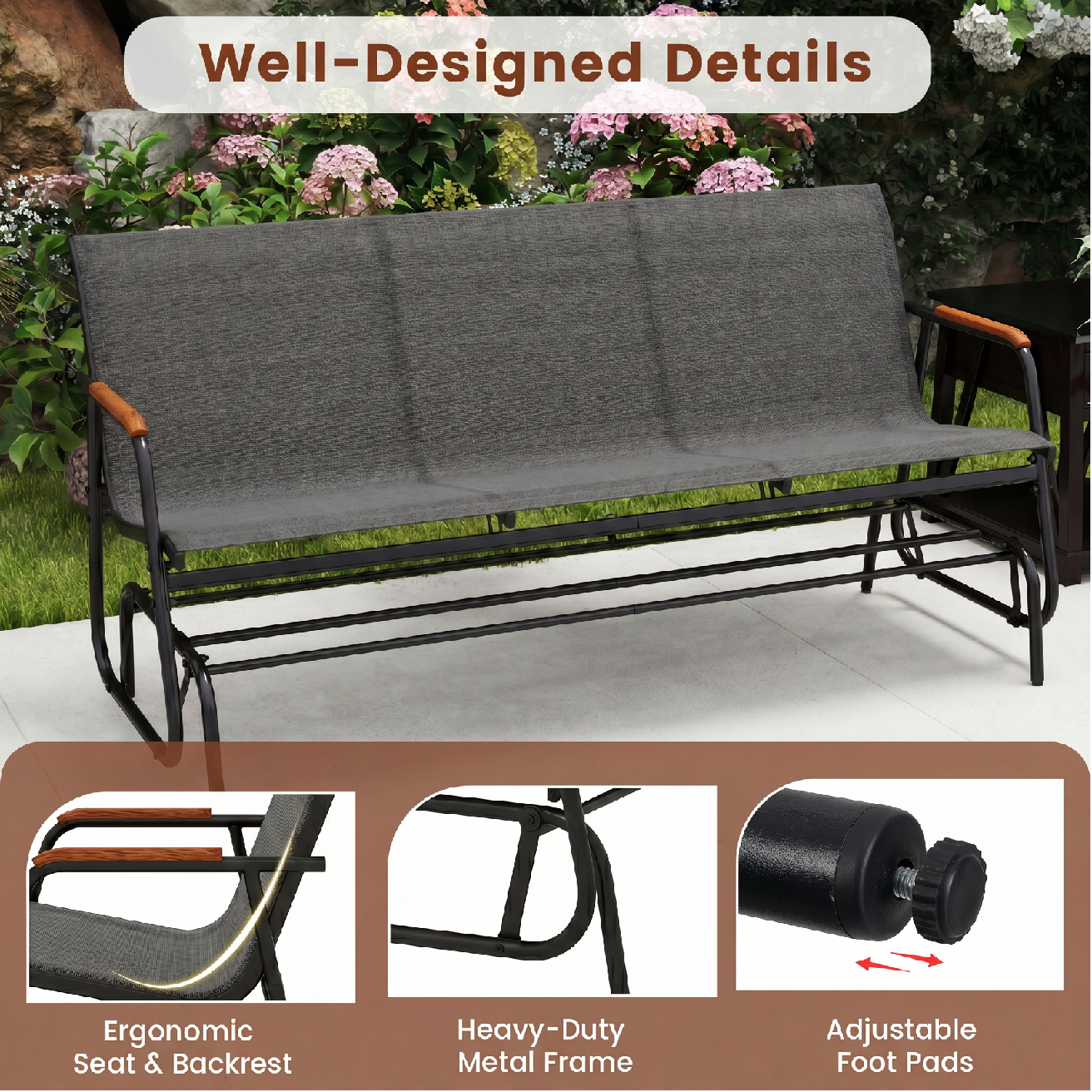 Patiojoy 3-Person Patio Glider Bench Outdoor Gliding Long Seat with Curved Teak Armrests and Breathable Fabric Seat Metal Rocking Chair