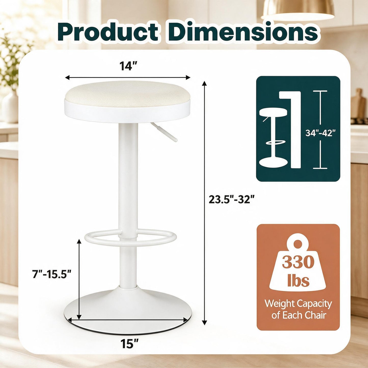 Patiojoy Height-Adjustable Kitchen Bar Stools Bar Stools Set of 2/4 White/Black/Green/Grey