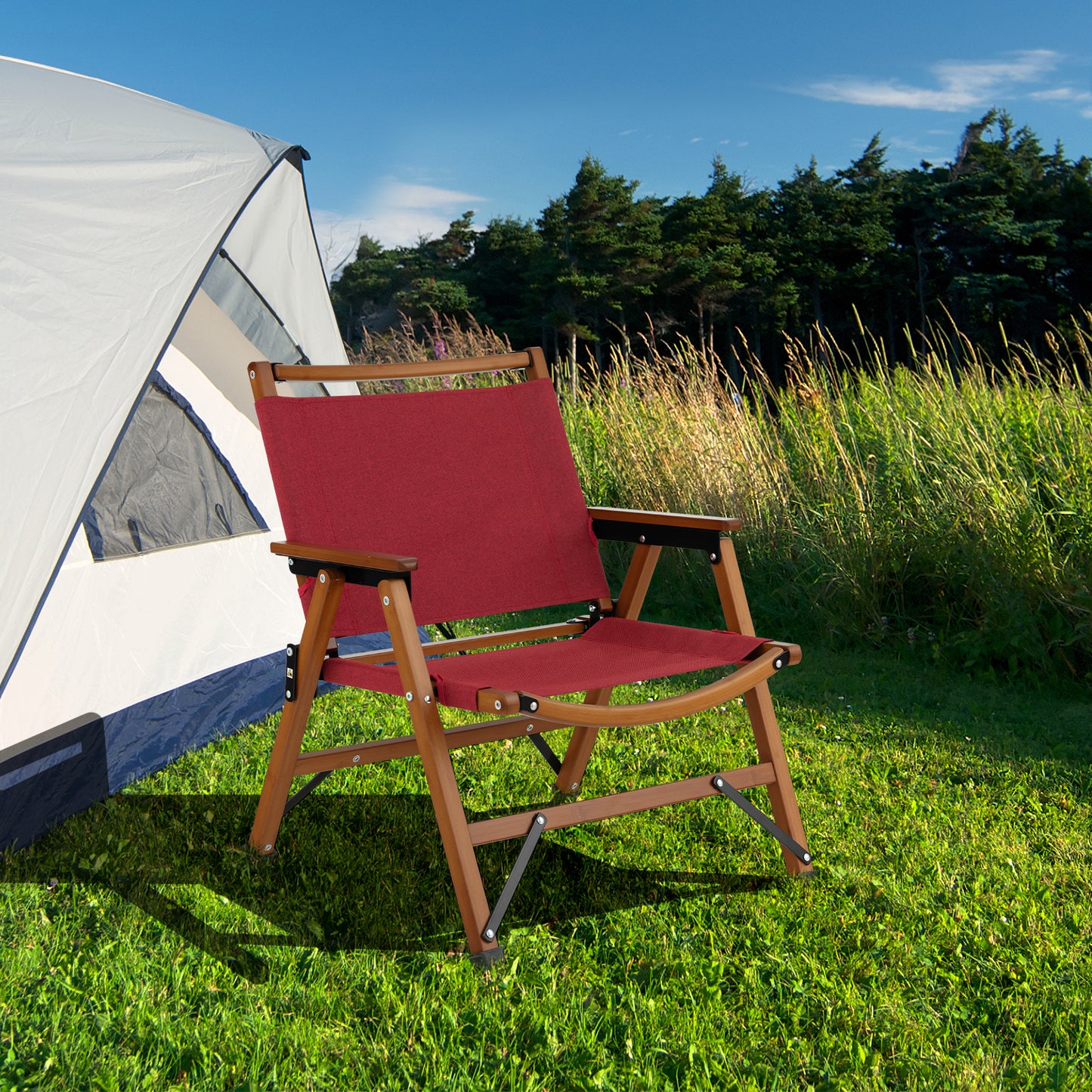 Patiojoy Portable Camping Chair Low Profile Folding Beach Chair with Solid Bamboo Frame and Breathable Cationic Oxford Cloth