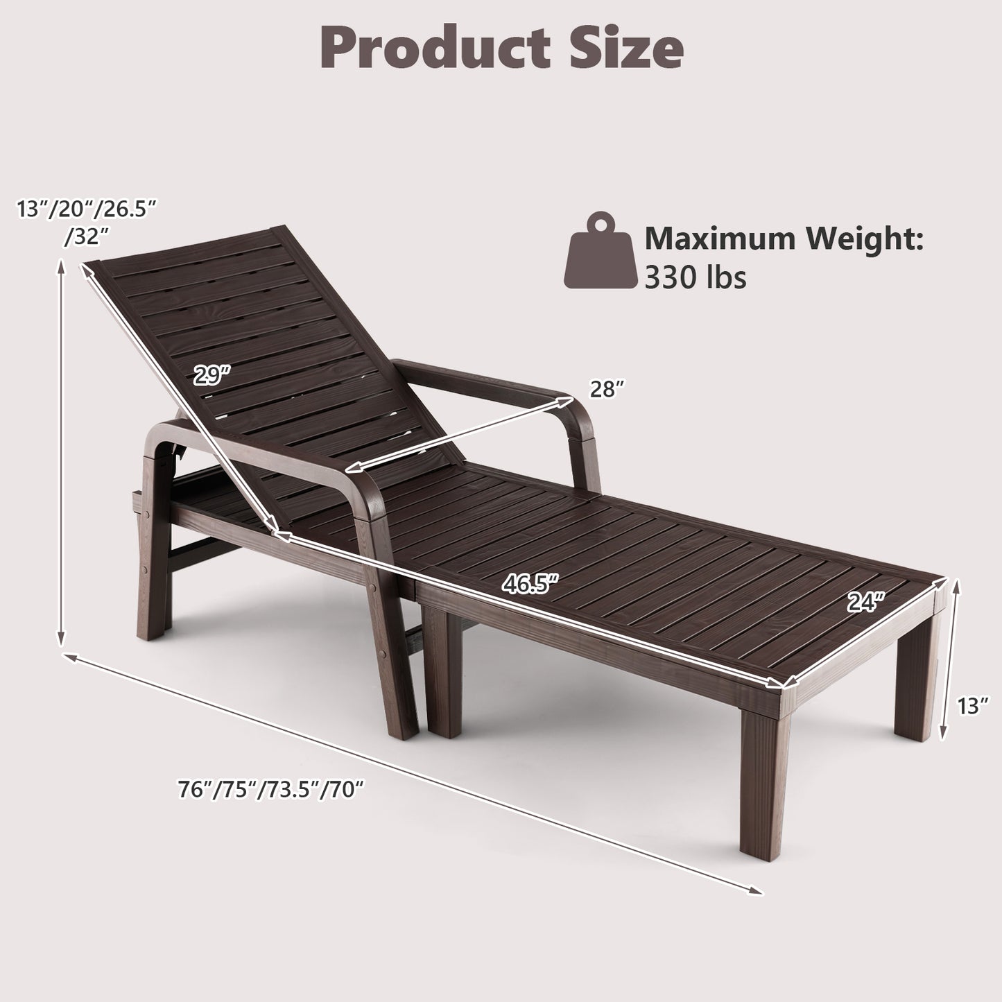 Patiojoy Patio Chaise Lounge Chair Outdoor Recliner Chair with 4-Position Adjustable Backrest Curved Armrests All Weather PP Lounge Chair