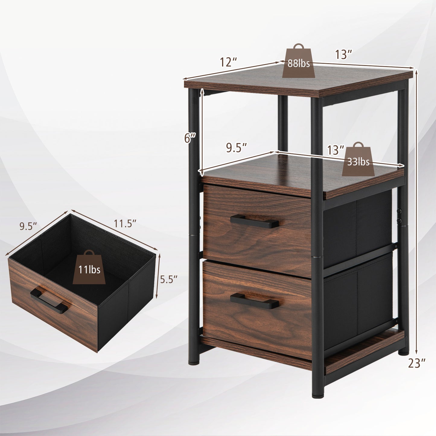 Patiojoy Nightstand with 2 Drawers Retro Bedside Table with Storage Sofa Side End Table with Removable Fabric Drawers