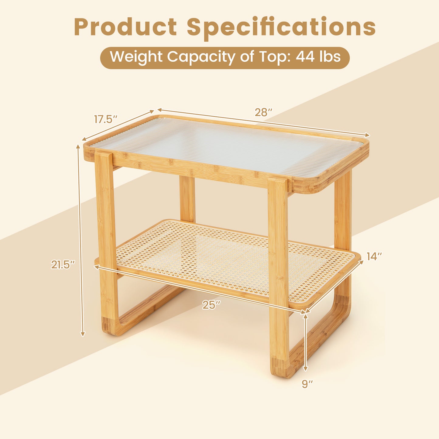 Patiojoy 2-tier Bamboo Side Table with Glass Top End Table with PE Rattan Shelf Home Sofa Side Table with Storage Nightstand Bedside Table