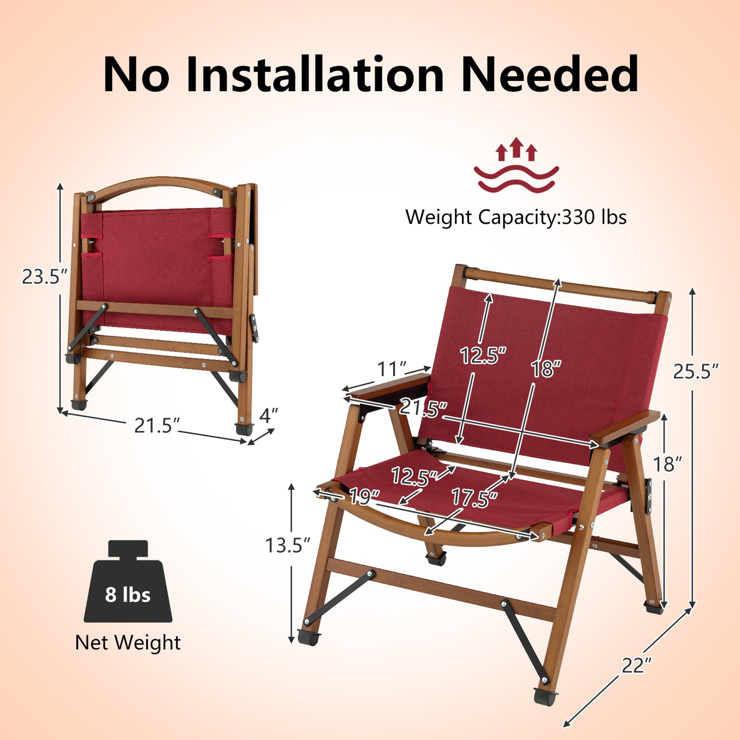 Patiojoy Portable Camping Chair Low Profile Folding Beach Chair with Solid Bamboo Frame and Breathable Cationic Oxford Cloth