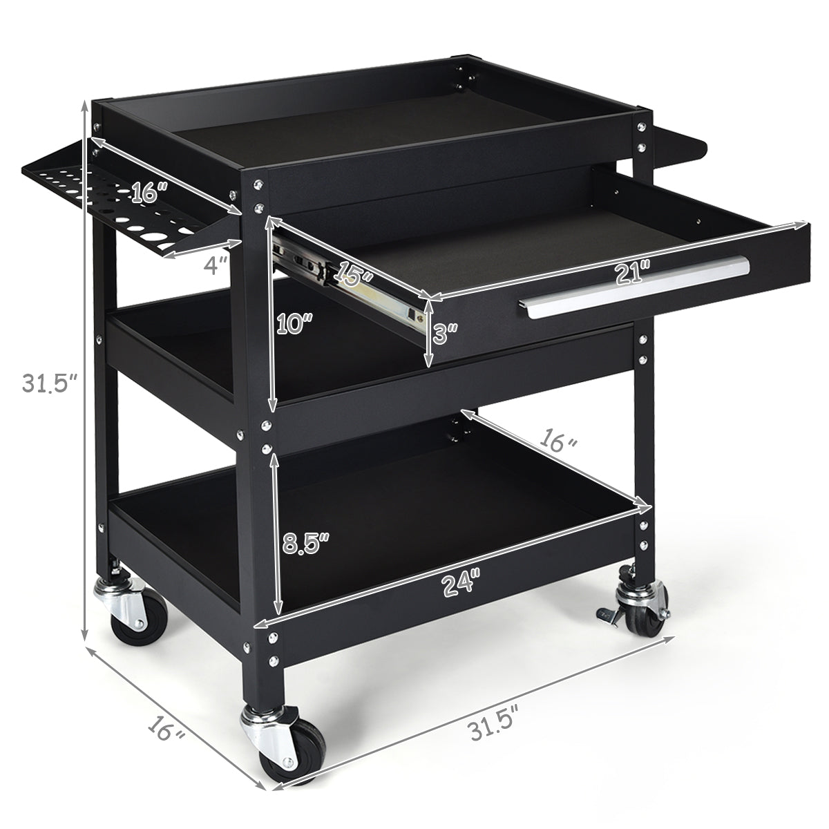 Patiojoy Tool Cart 3-Tray Rolling Tool Organizer With Drawer Industrial Storage Dollies