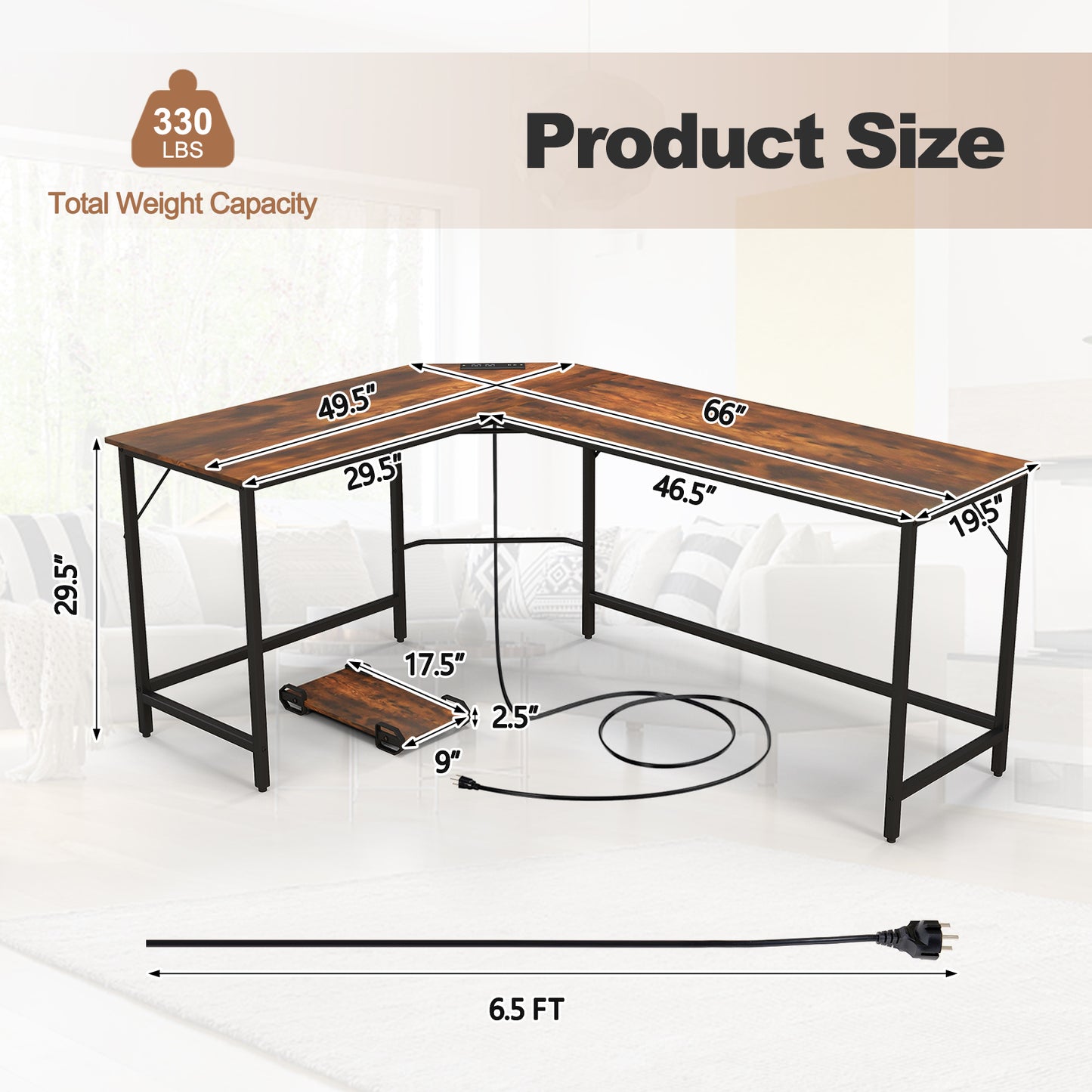 Patiojoy L-Shaped Desk with Power Outlet Computer Corner Desk with CPU Stand and Heavy-Duty Metal Frame