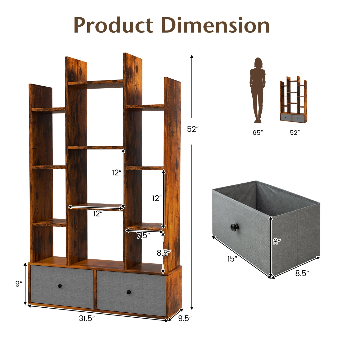 Patiojoy Tree Shaped Bookcase with 2 Drawers Free Standing Bookshelf with 12 Open Storage Shelves Tall Display Rack