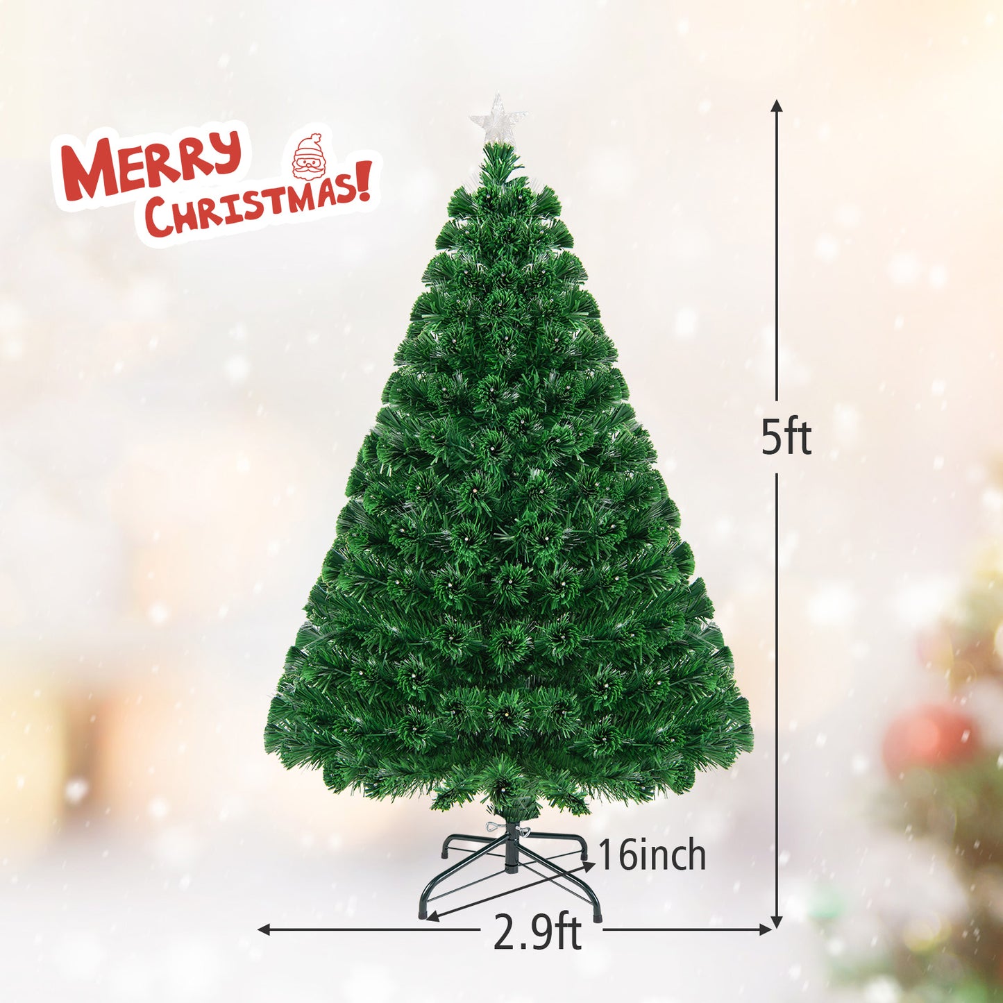Patiojoy 5ft Pre-Lit Optical Fiber Christmas Tree Artificial PVC Branches with LED Lights and Top Star
