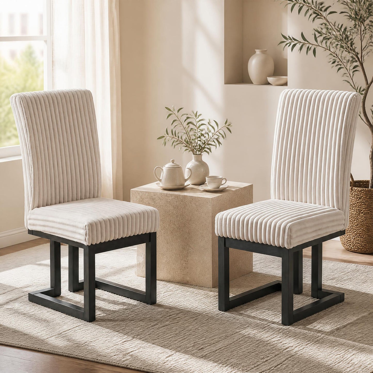 Patiojoy Modern Wood Dining Chairs Set of 2 Mid-Century Upholstered Kitchen Chairs with Thick Padded Seat Beige/White