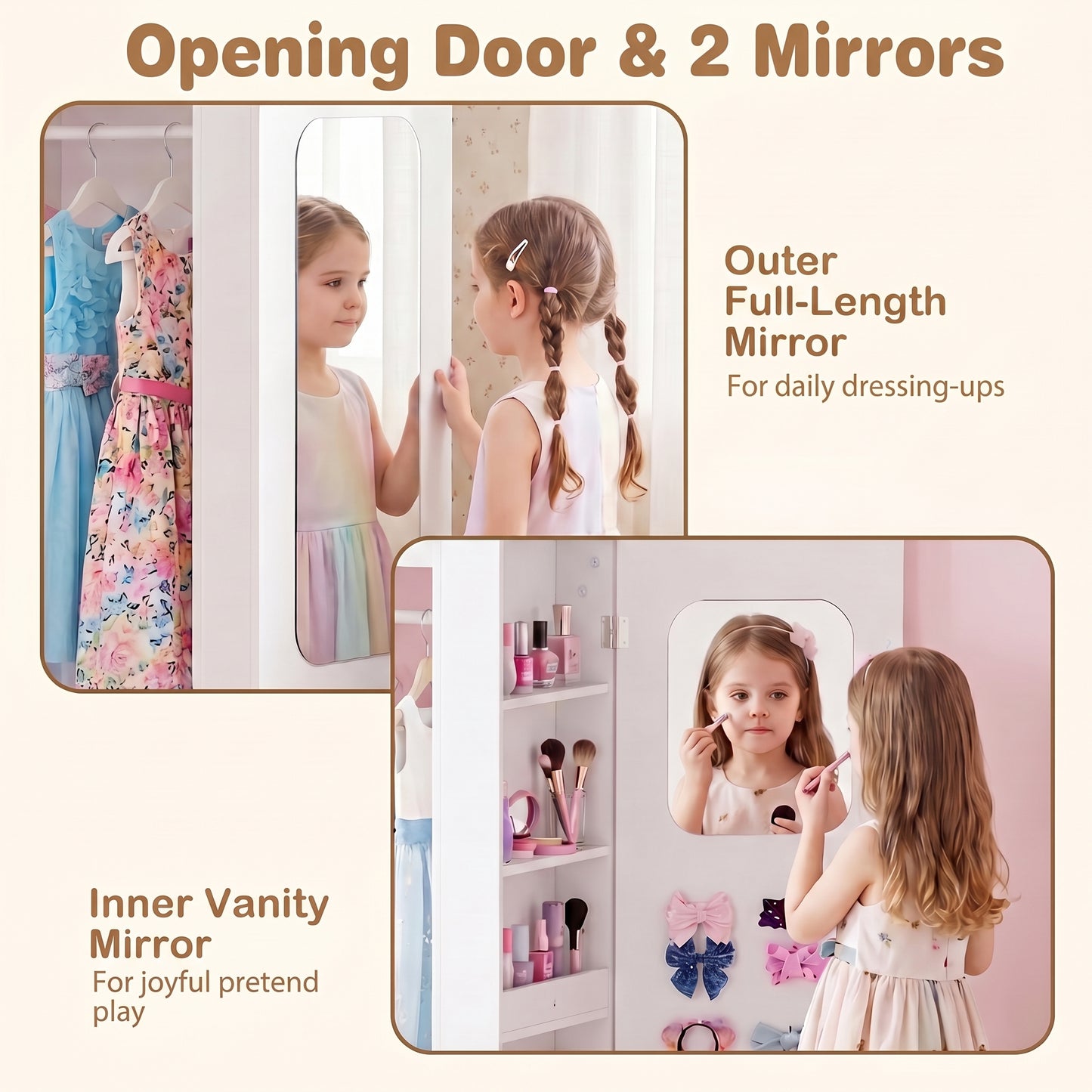 Patiojoy Kids Costume Organizer with Mirrors Children Armoire Closet with Open Hanging Rack Shelves and Cabinet Dress Up Storage