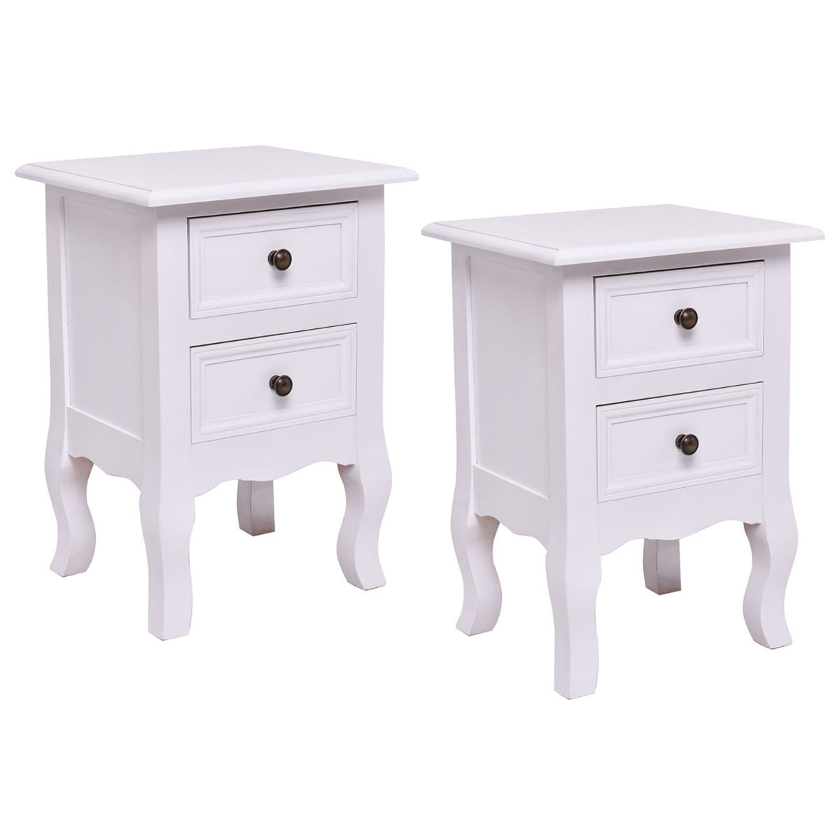 Patiojoy Set of 2 Curved Legs Accent Side End Table Nightstand with 2 Drawers White