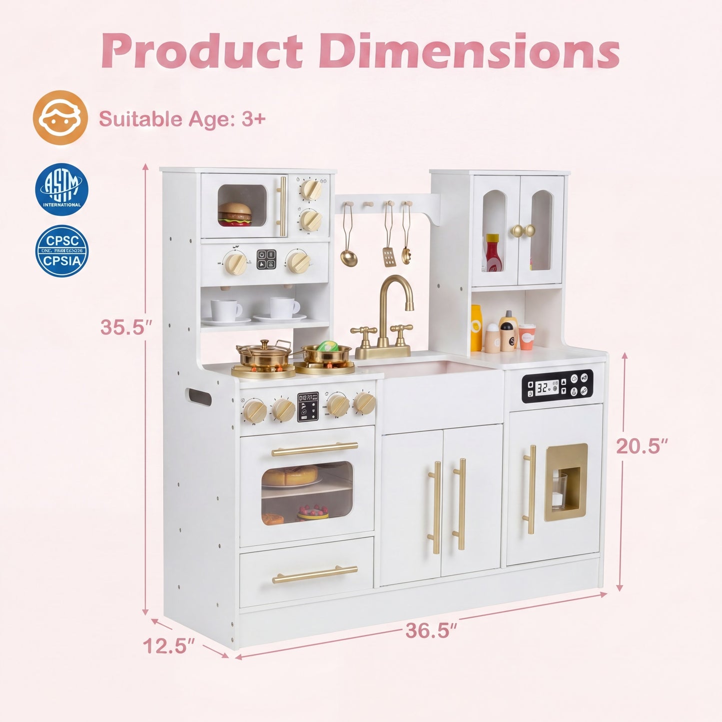 Patiojoy Kids Play Kitchen Set Wooden Cooking Toy with Lights & Sounds Stove Sink Faucet Oven White/Black