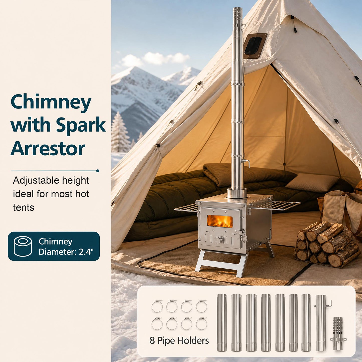 Patiojoy Portable Hot Tent Stove, Wood Burning Stove With 7 Chimney Pipes & Spark Arrestor Stainless Steel