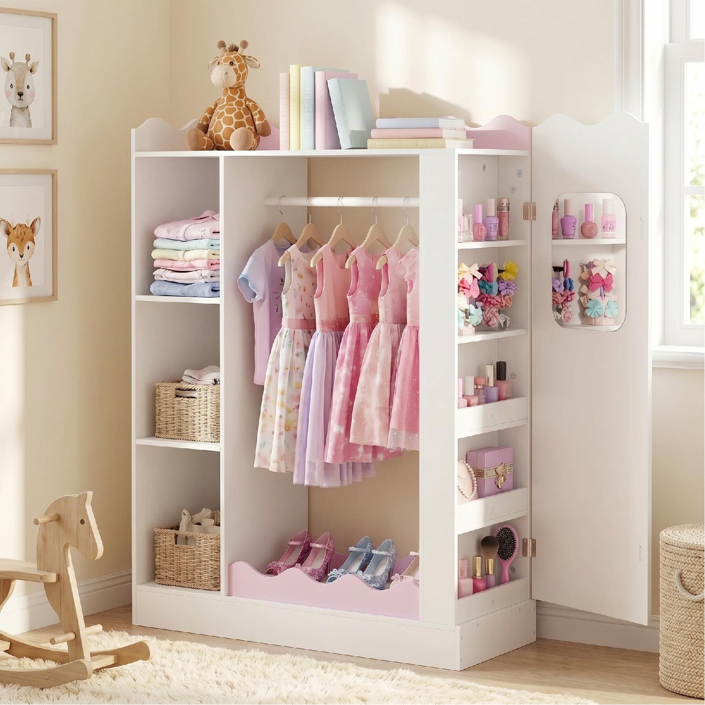 Patiojoy Kids Costume Organizer with Mirrors Children Armoire Closet with Open Hanging Rack Shelves and Cabinet Dress Up Storage